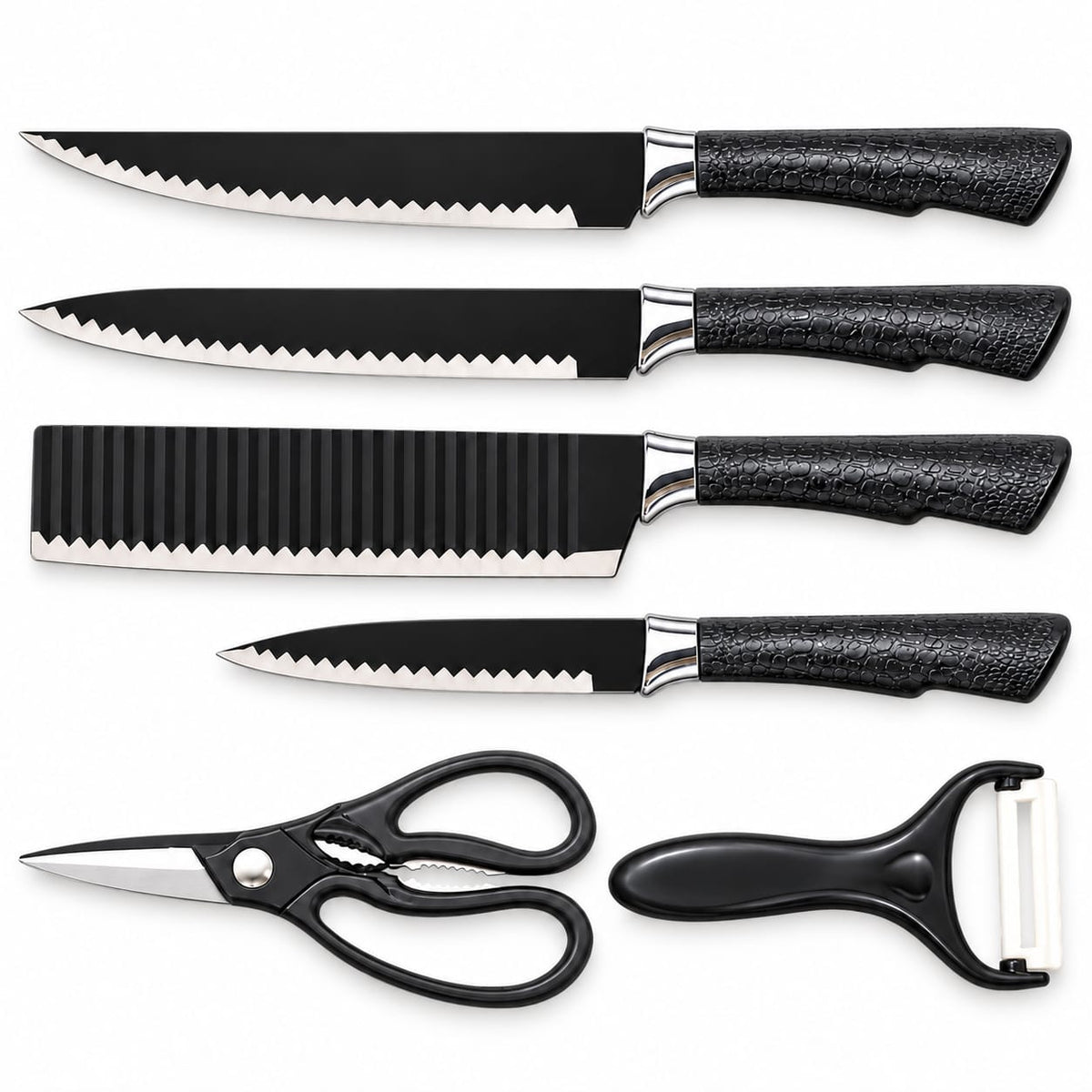 Set cutite bucatarie 6 piese cu foarfeca si curatator, lame negre