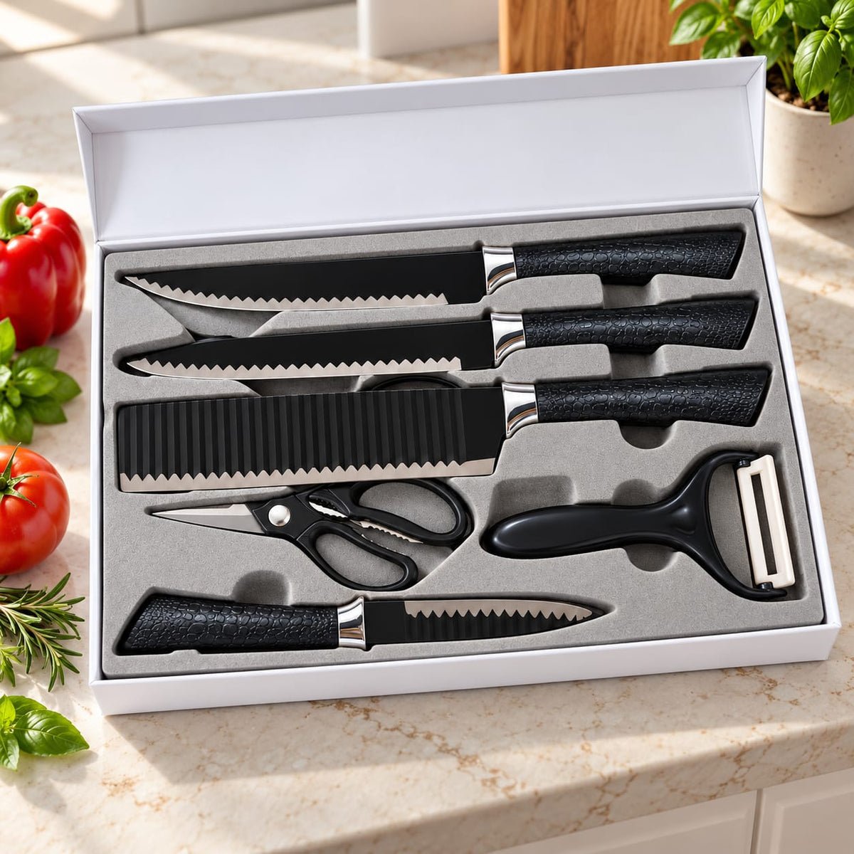 Set cutite bucatarie 6 piese cu foarfeca si curatator, lame negre