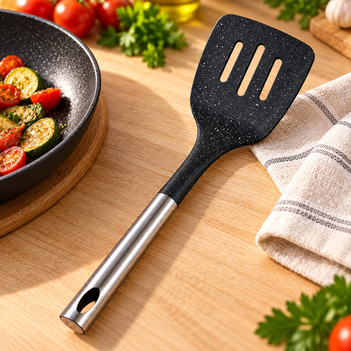 Paleta bucatarie perforata din plastic cu maner inox