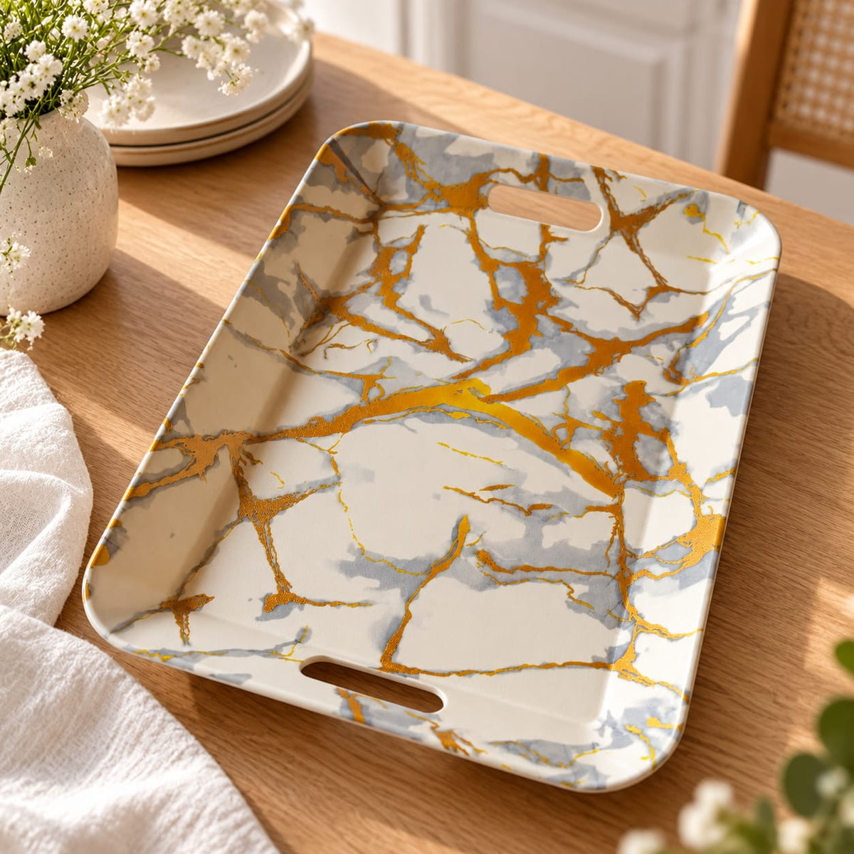 Tava servire din plastic 37 x 25,5 cm cu manere, model marmorat