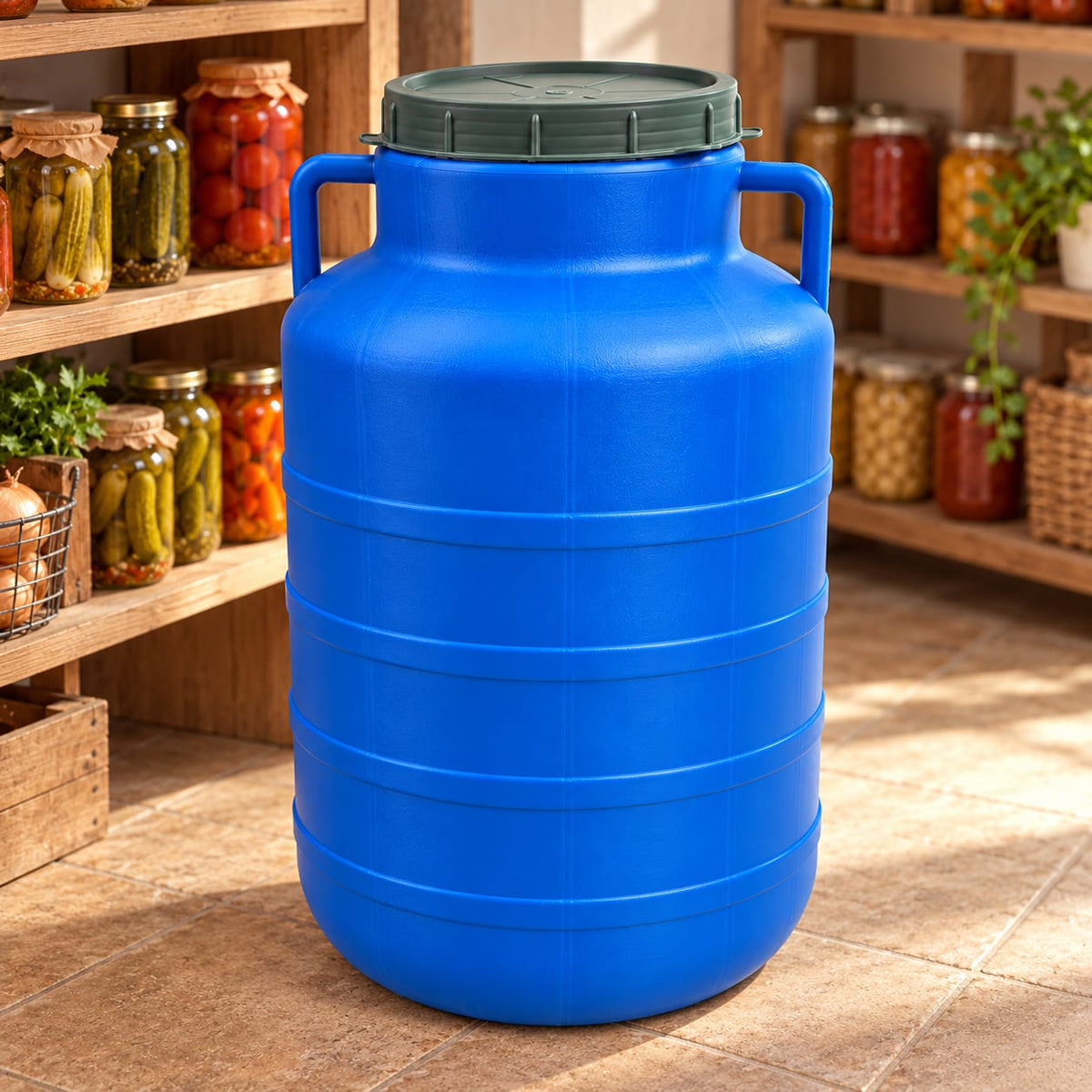 Bidon plastic 58 L cu capac filetat si manere, albastru