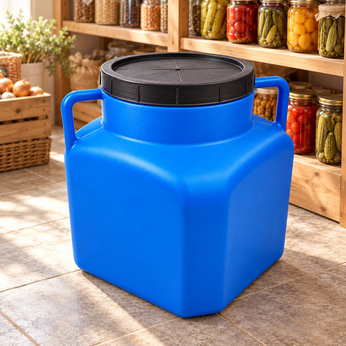 Bidon plastic 40 L patrat cu capac filetat si manere, albastru