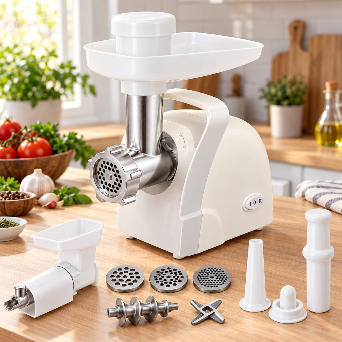 Masina electrica de tocat carne Hausberg HB-3416AB 1100W cu accesorii rosii si carnati