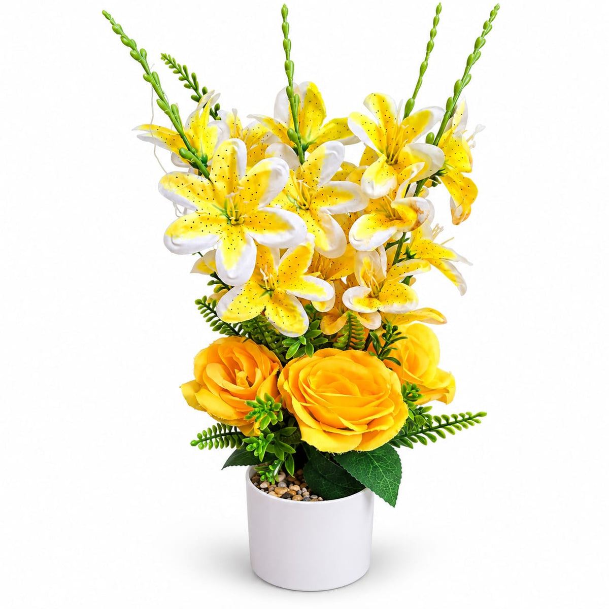 Aranjament floral artificial in ghiveci cu crini si trandafiri galbeni
