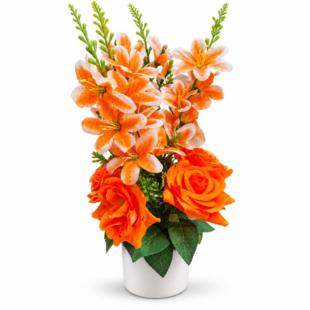 Aranjament floral artificial in ghiveci cu trandafiri si crini portocalii