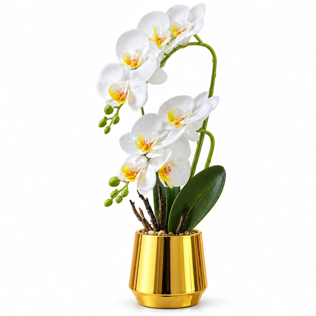 Orhidee artificiala alba in ghiveci auriu decorativ