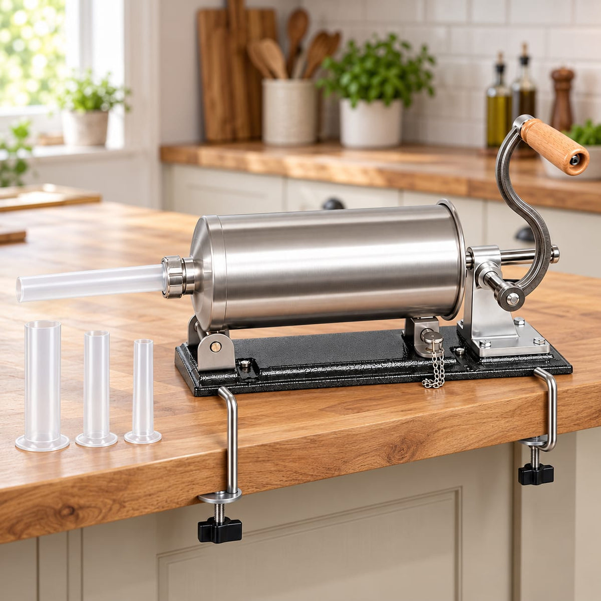 Masina manuala de umplut carnati din inox, capacitate 3 kg, 4 palnii incluse