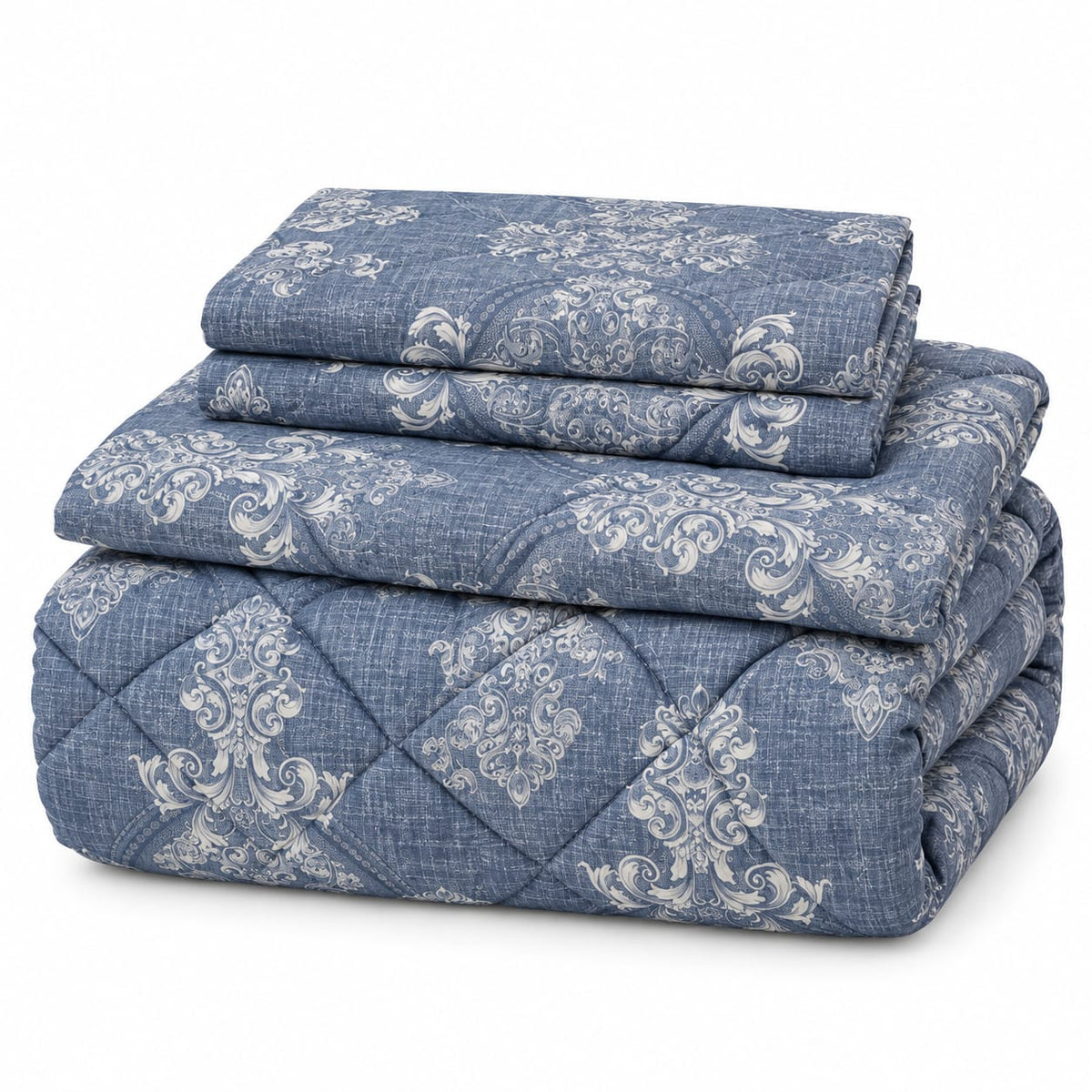 Lenjerie de pat cu pilota matlasata 4 piese 200x230 cm albastru-gri cu model ornamental