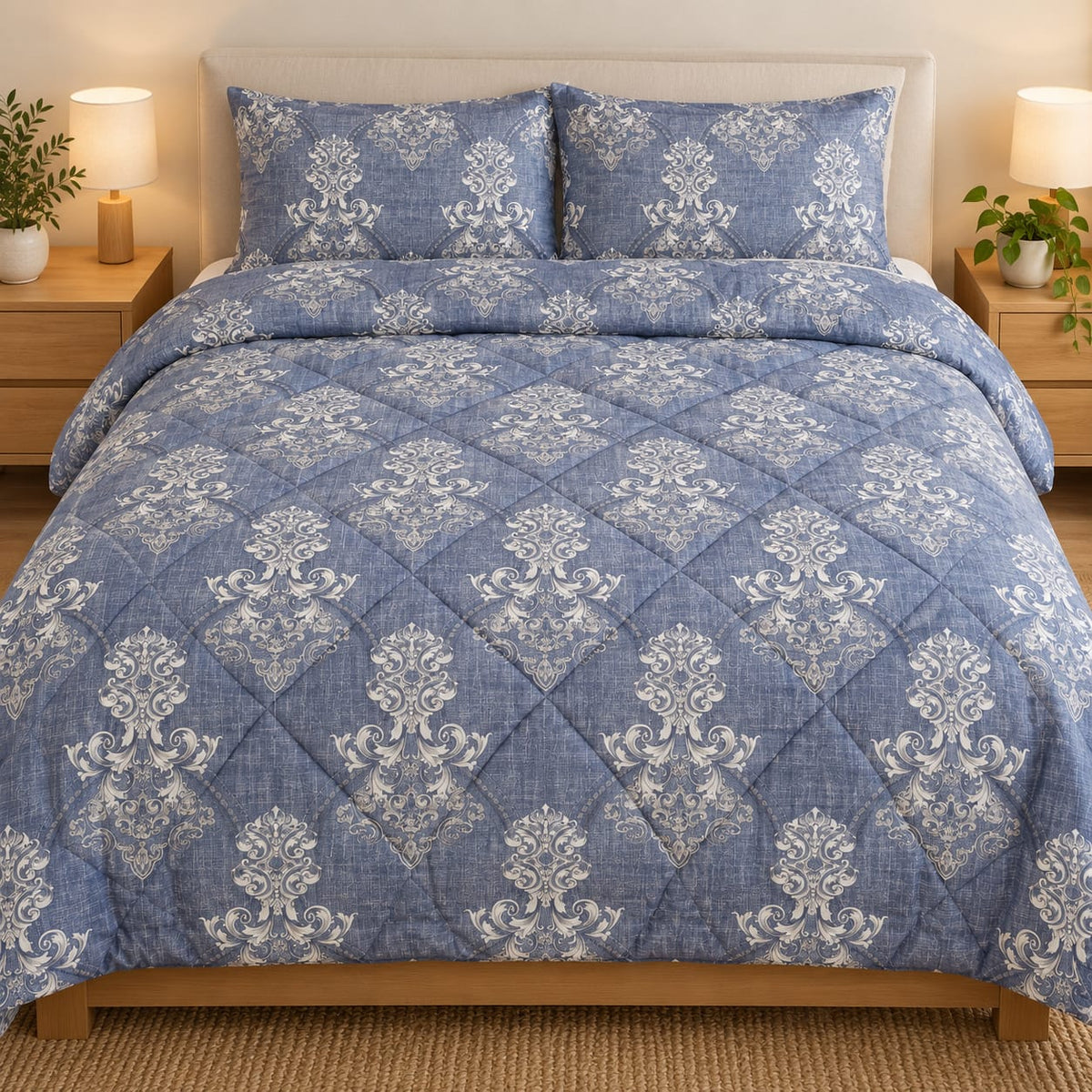 Lenjerie de pat cu pilota matlasata 4 piese 200x230 cm albastru-gri cu model ornamental