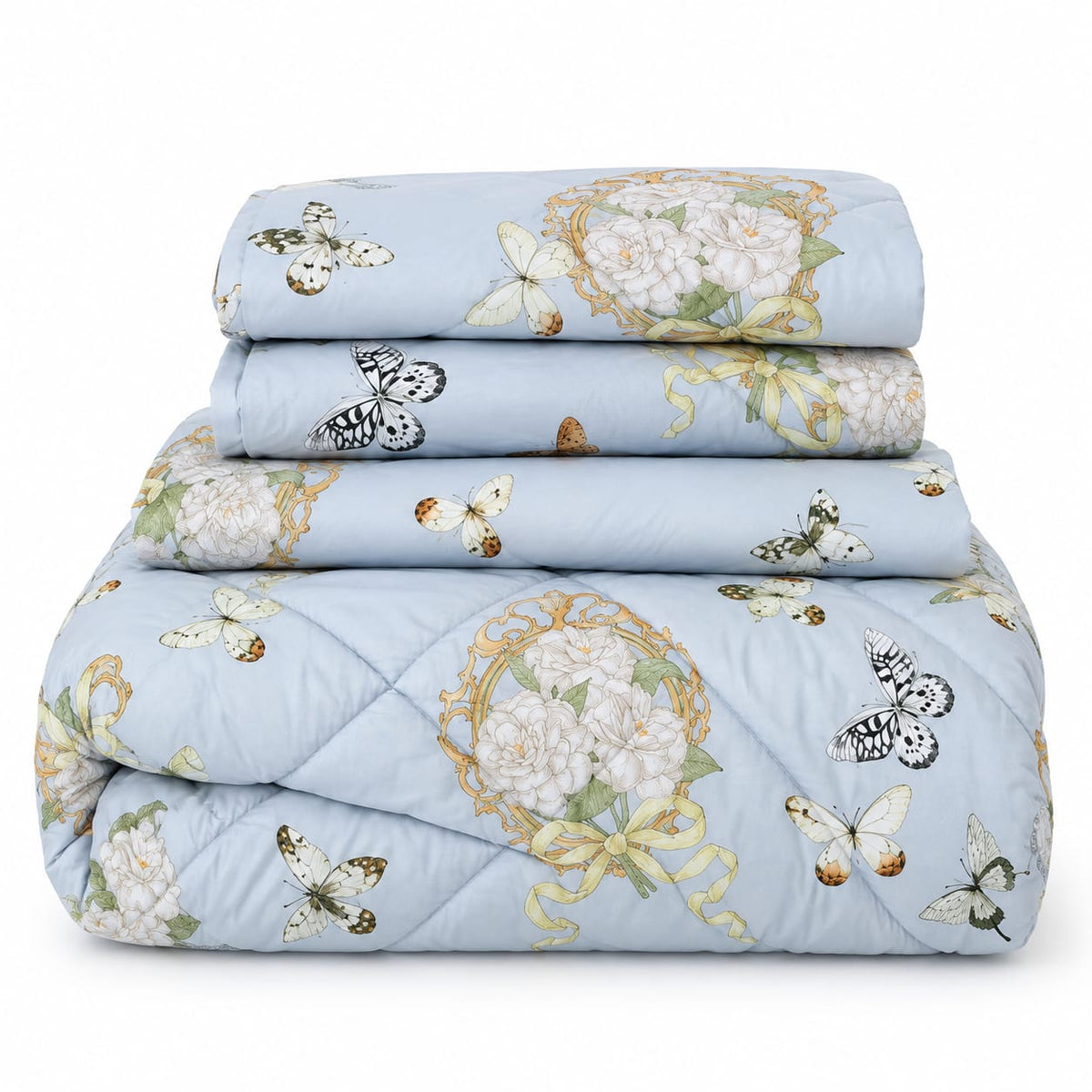Lenjerie de pat cu pilota matlasata 4 piese 200x230 cm bleu cu fluturi si flori albe