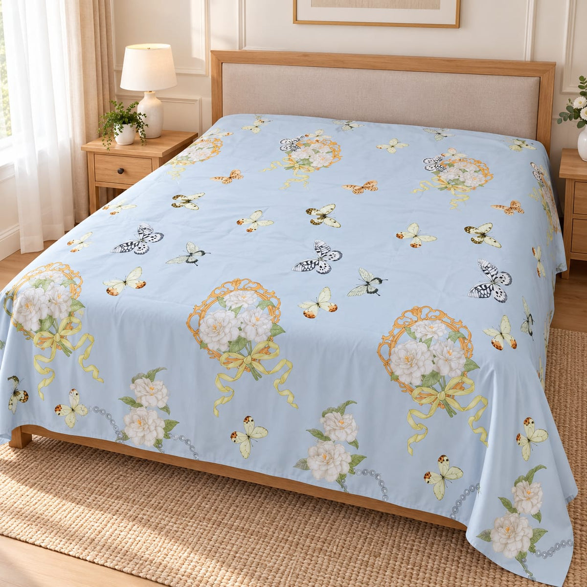 Lenjerie de pat cu pilota matlasata 4 piese 200x230 cm bleu cu fluturi si flori albe