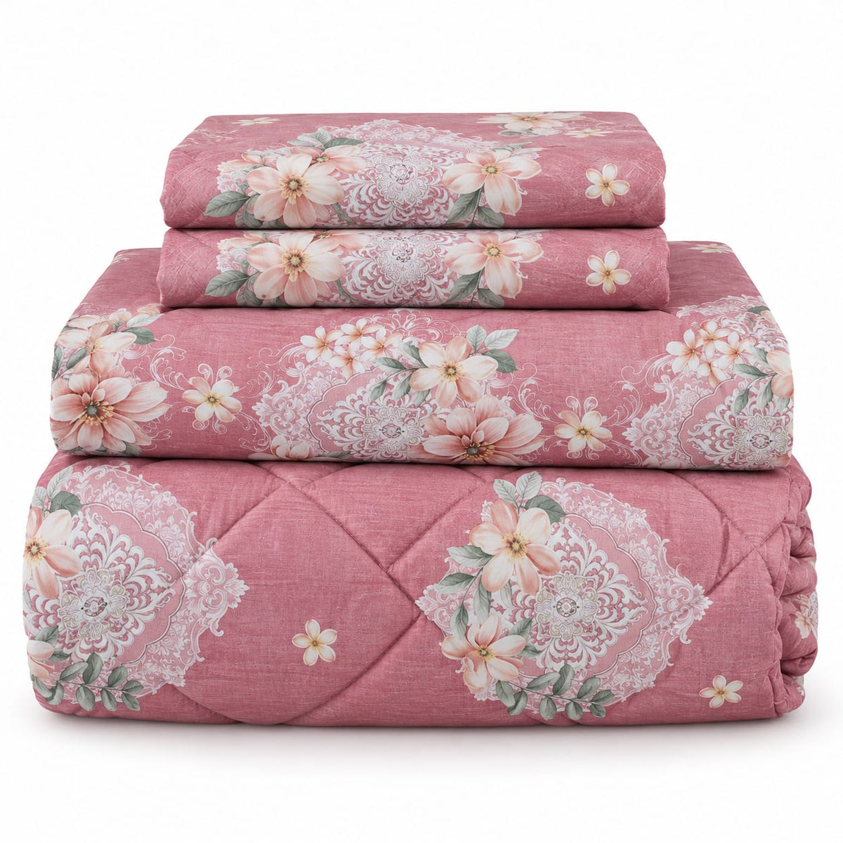 Lenjerie de pat cu pilota matlasata 4 piese 200x230 cm roz prafuit cu model floral