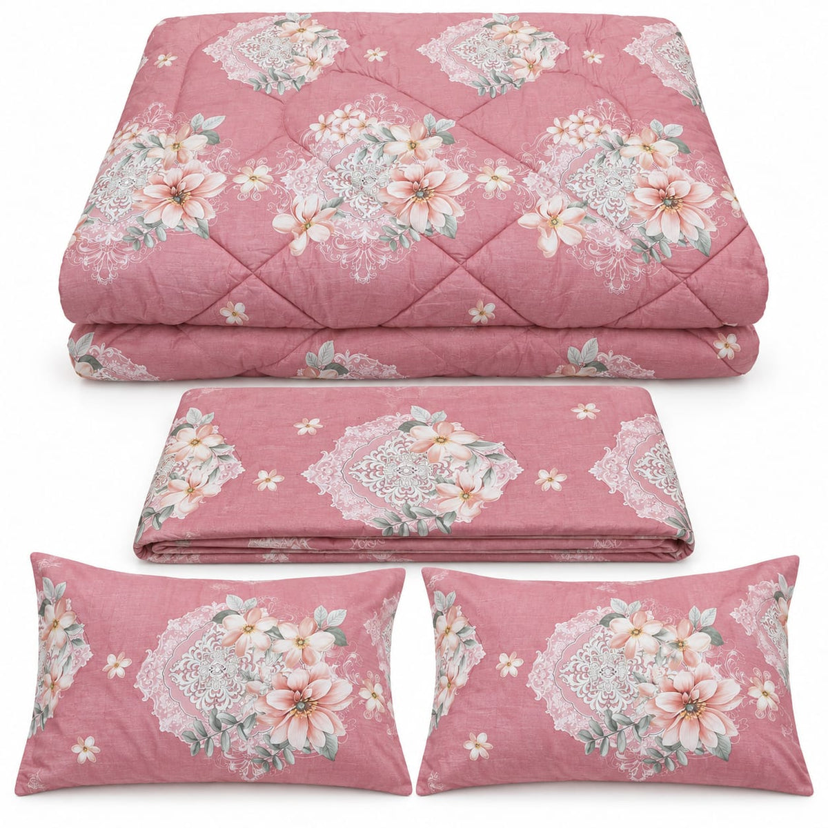 Lenjerie de pat cu pilota matlasata 4 piese 200x230 cm roz prafuit cu model floral