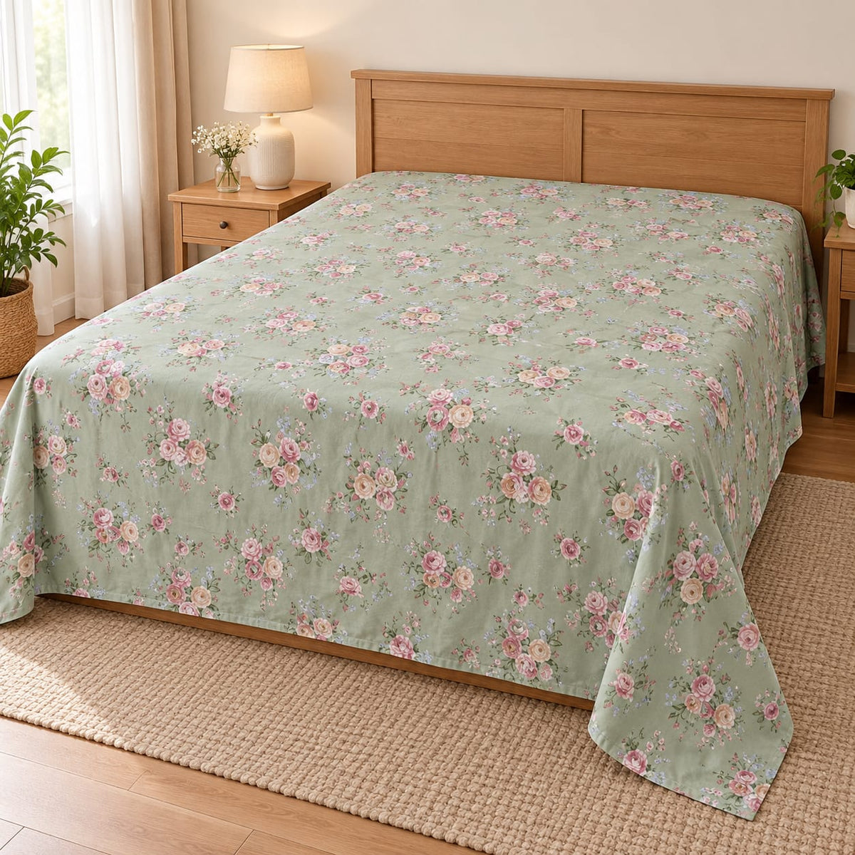 Lenjerie de pat cu pilota matlasata 4 piese 200x230 cm verde salvie cu trandafiri roz