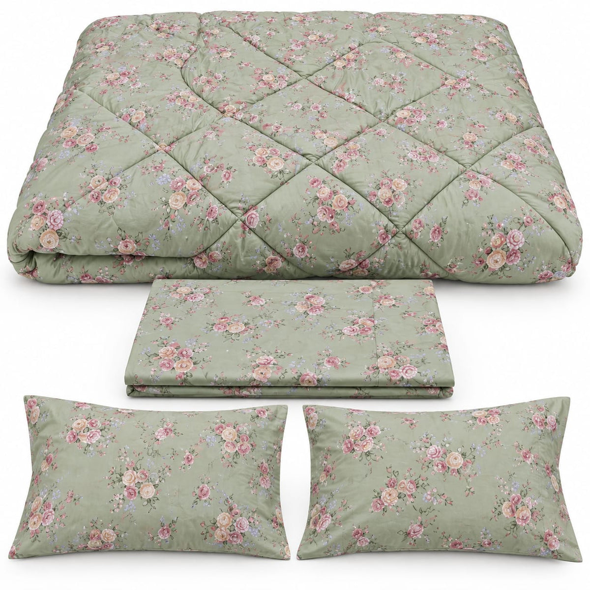 Lenjerie de pat cu pilota matlasata 4 piese 200x230 cm verde salvie cu trandafiri roz