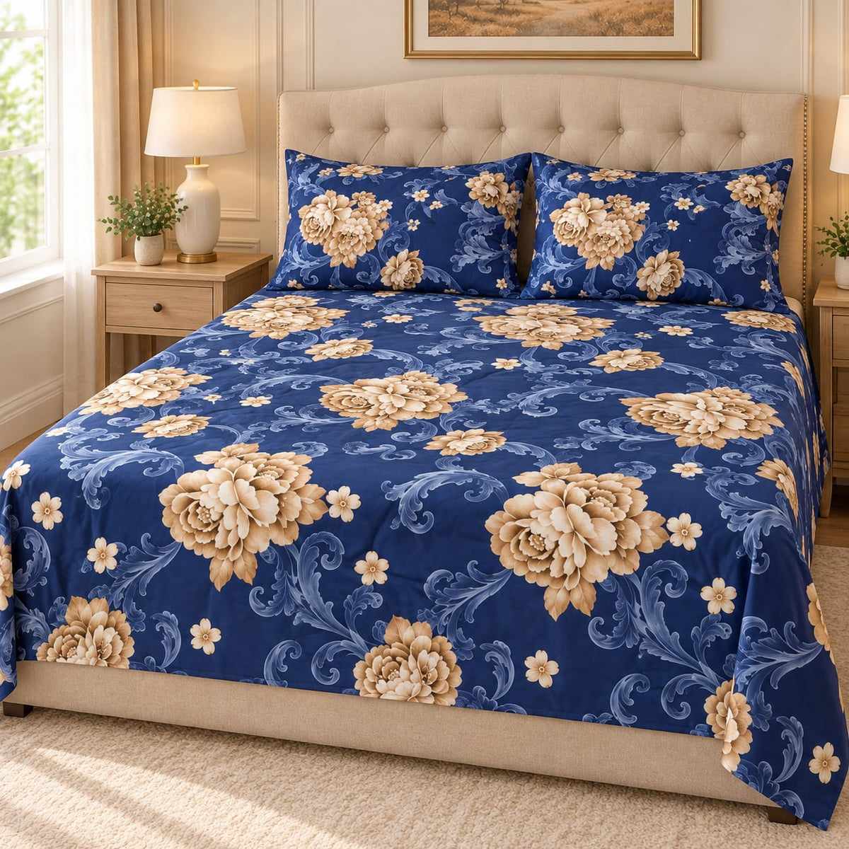 Lenjerie de pat cu pilota matlasata 4 piese 200x230 cm albastru regal cu flori bej
