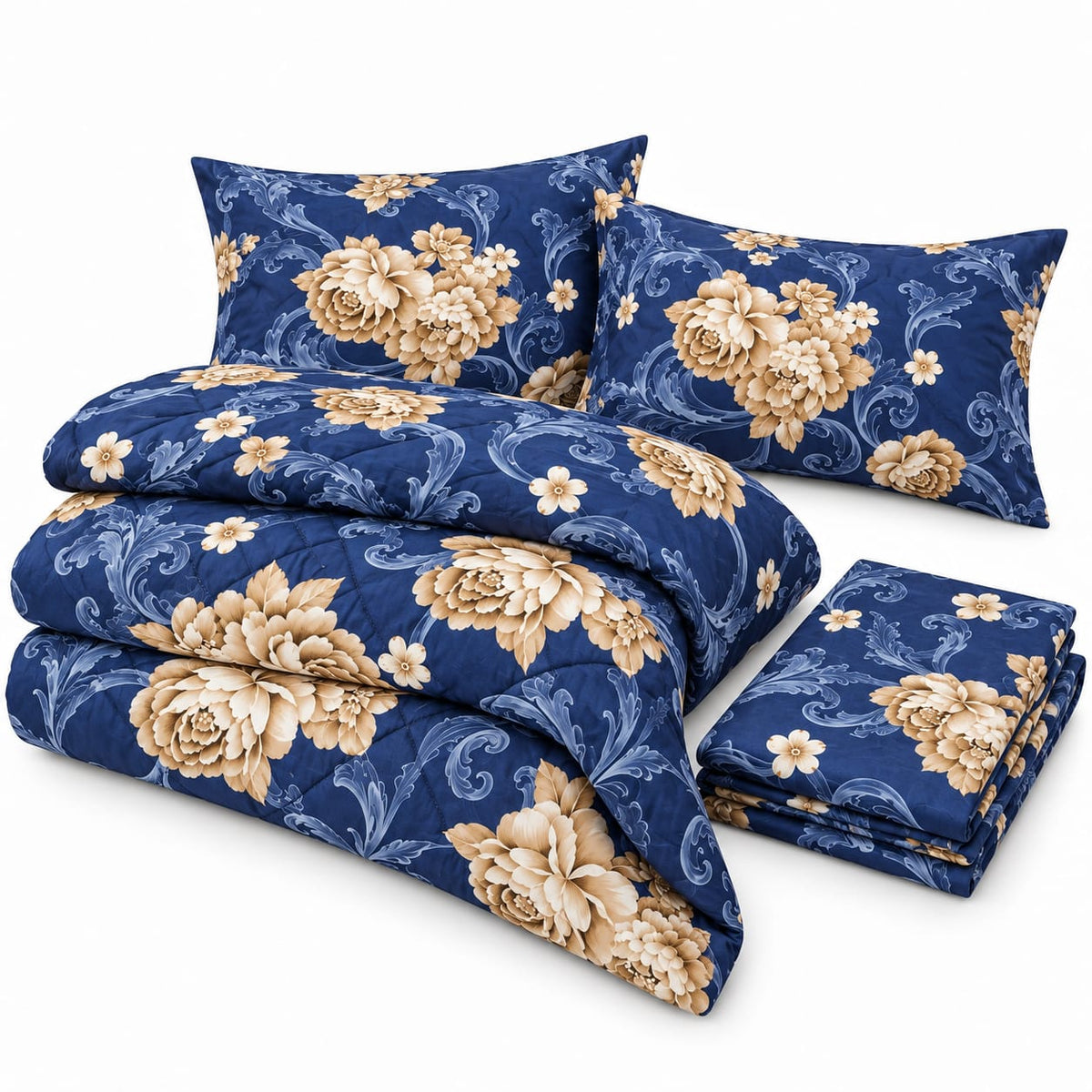 Lenjerie de pat cu pilota matlasata 4 piese 200x230 cm albastru regal cu flori bej