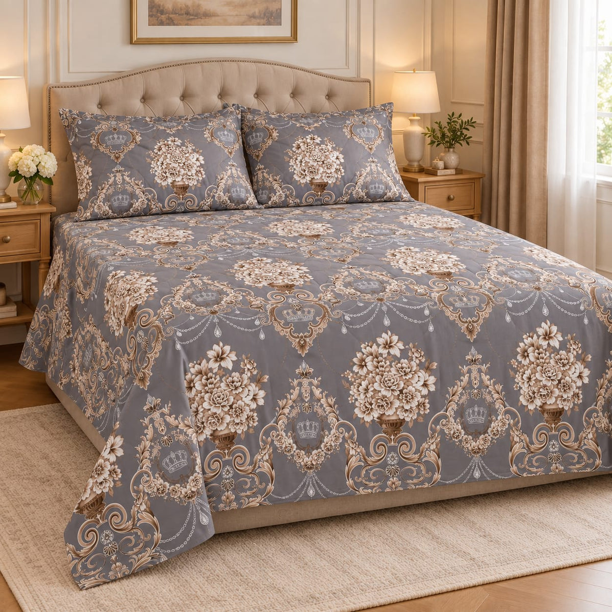 Lenjerie de pat cu pilota matlasata 4 piese 200x230 cm gri cu model floral elegan