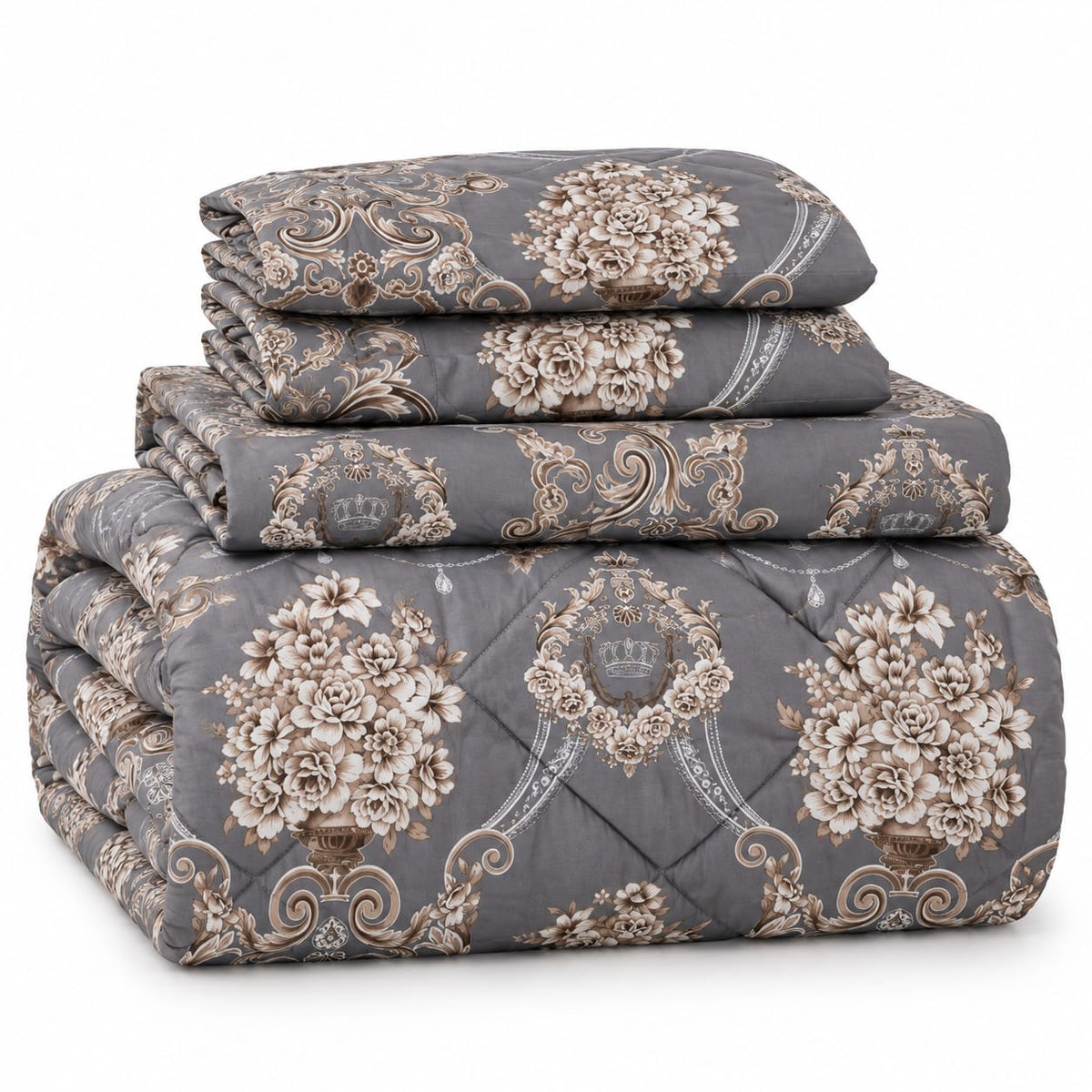 Lenjerie de pat cu pilota matlasata 4 piese 200x230 cm gri cu model floral elegan