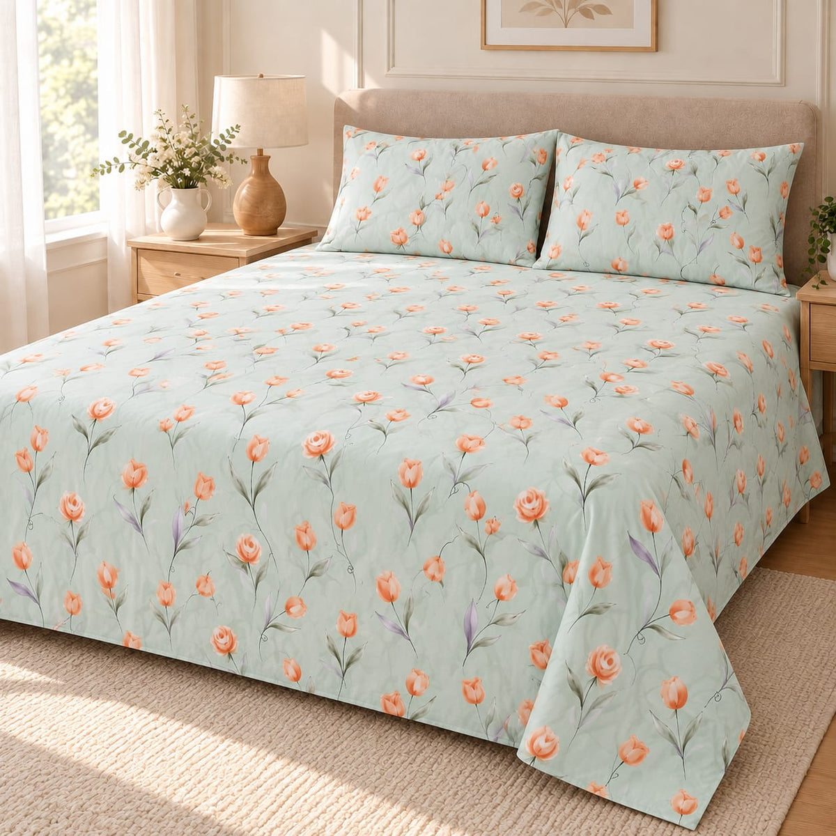 Lenjerie de pat cu pilota matlasata 4 piese 200x230 cm verde deschis cu flori somon