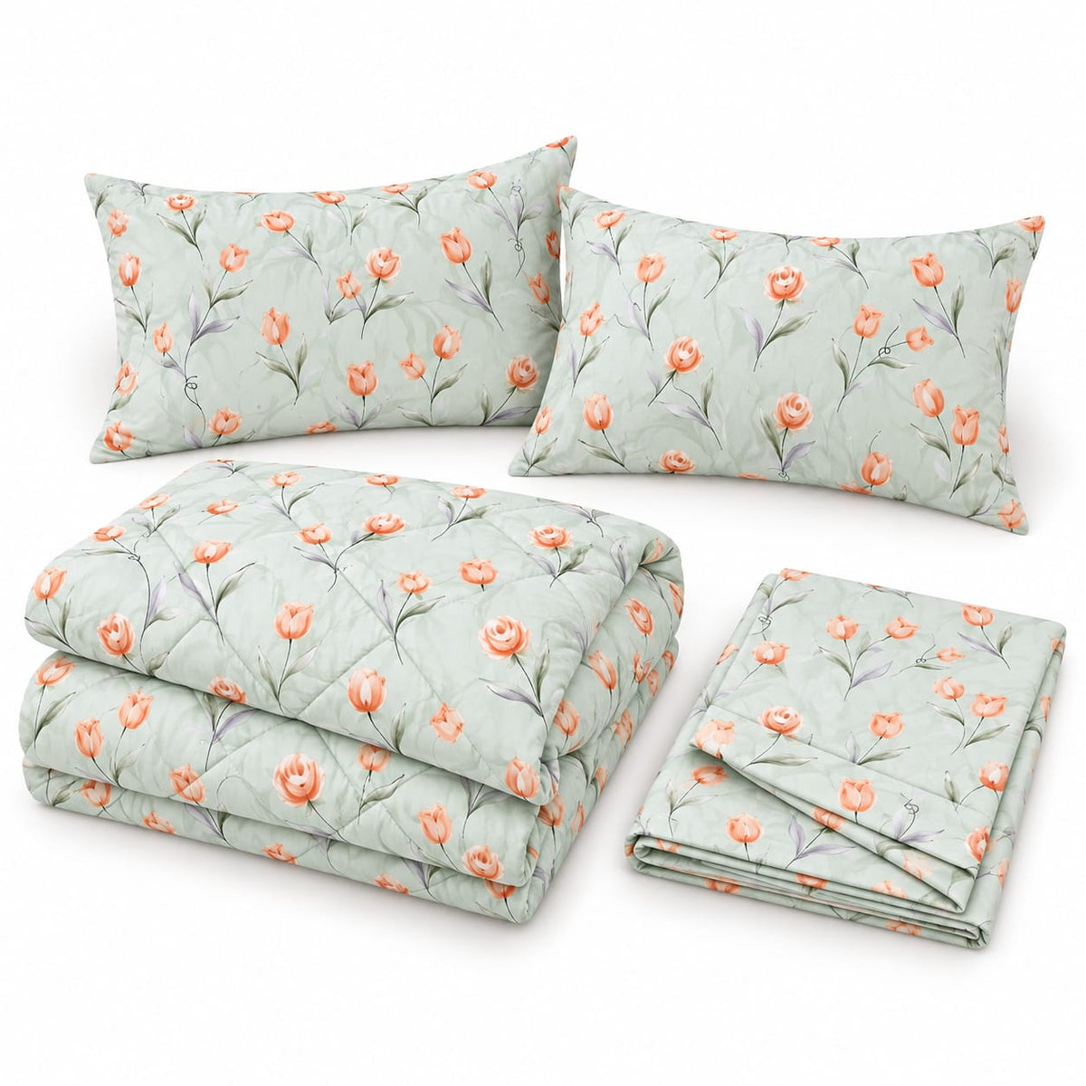 Lenjerie de pat cu pilota matlasata 4 piese 200x230 cm verde deschis cu flori somon
