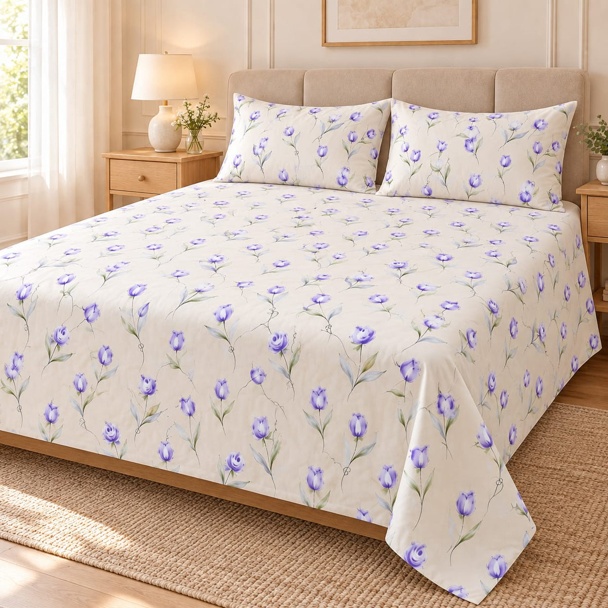 Lenjerie de pat cu pilota matlasata, 4 piese, 200x230 cm, crem cu flori mov