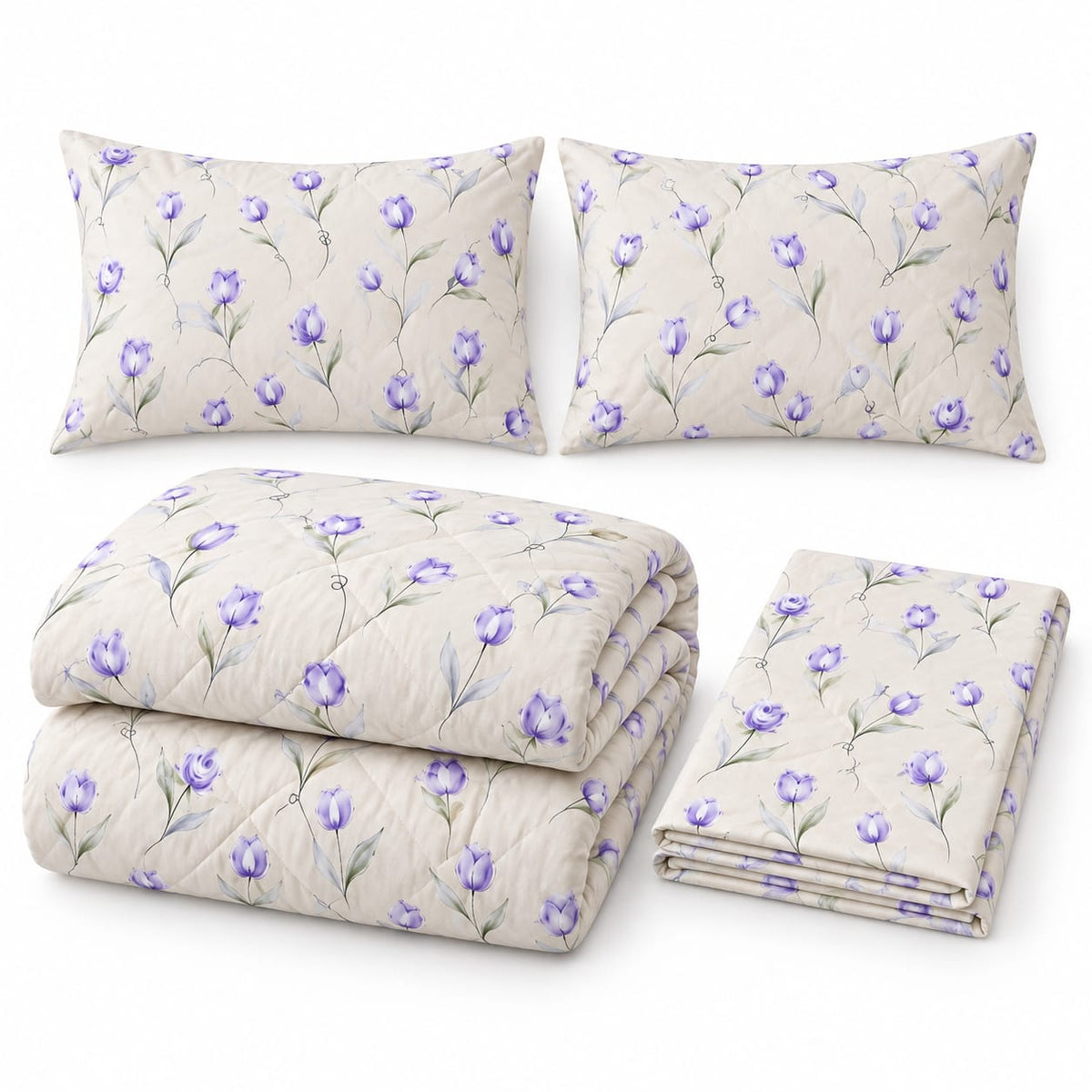 Lenjerie de pat cu pilota matlasata, 4 piese, 200x230 cm, crem cu flori mov