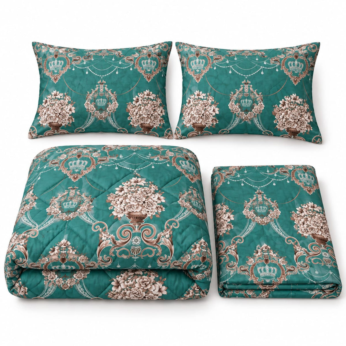 Lenjerie de pat cu pilota matlasata 4 piese 200x230 cm verde petrol cu flori si coroane
