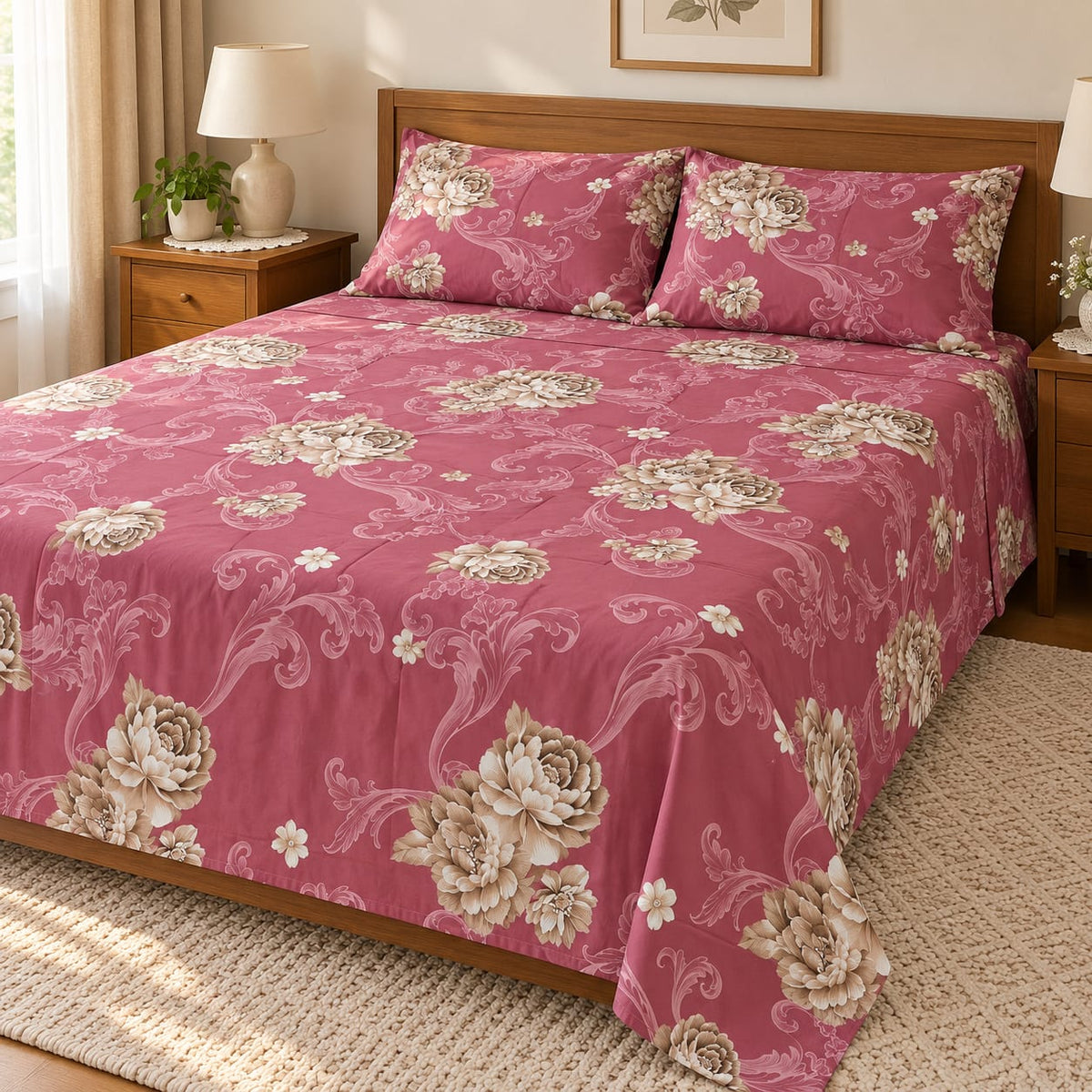 Lenjerie de pat cu pilota matlasata 4 piese 200x230 cm roz prafuit cu flori si model ornamental