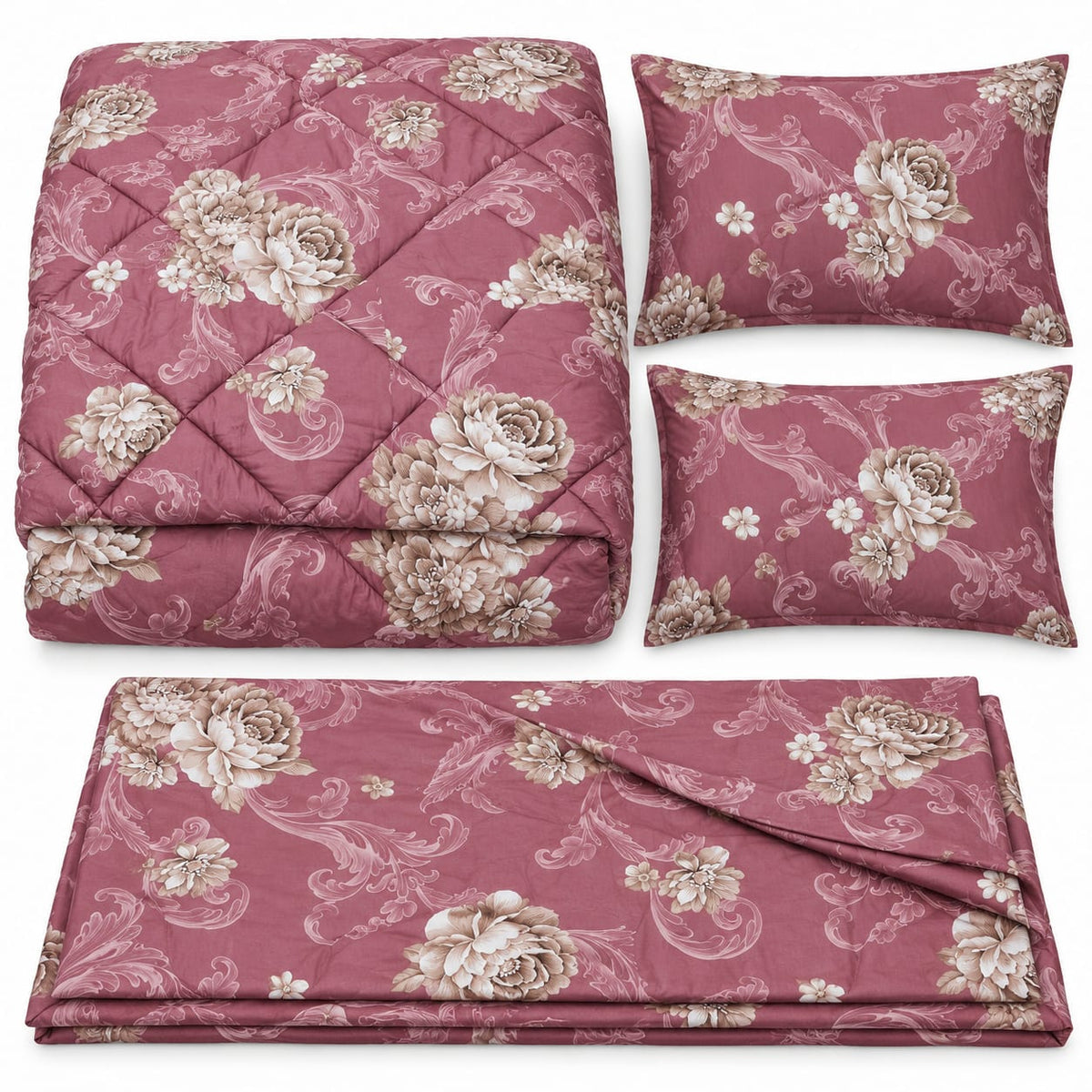 Lenjerie de pat cu pilota matlasata 4 piese 200x230 cm roz prafuit cu flori si model ornamental