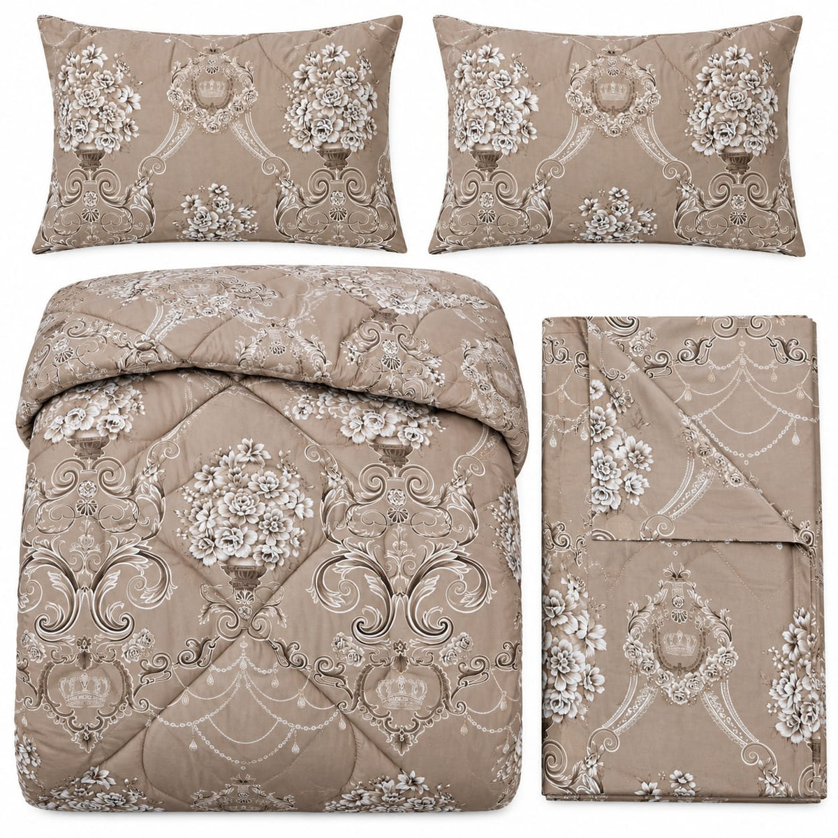 Lenjerie de pat cu pilota matlasata 4 piese 200x230 cm bej cu flori si model ornamental regal