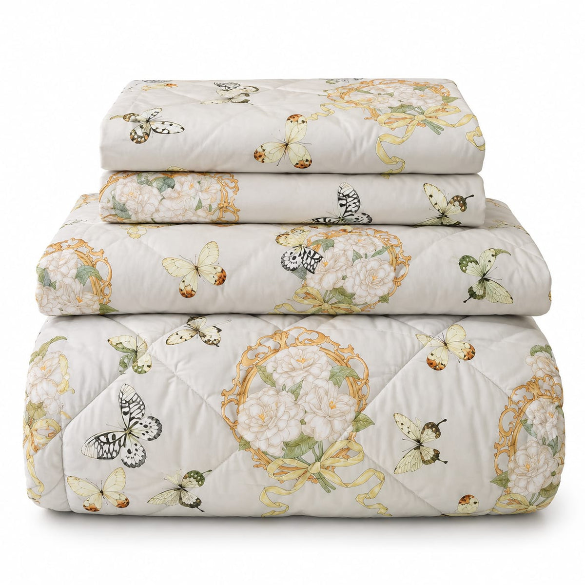 Lenjerie de pat cu pilota matlasata 4 piese 200x230 cm crem cu flori si fluturi