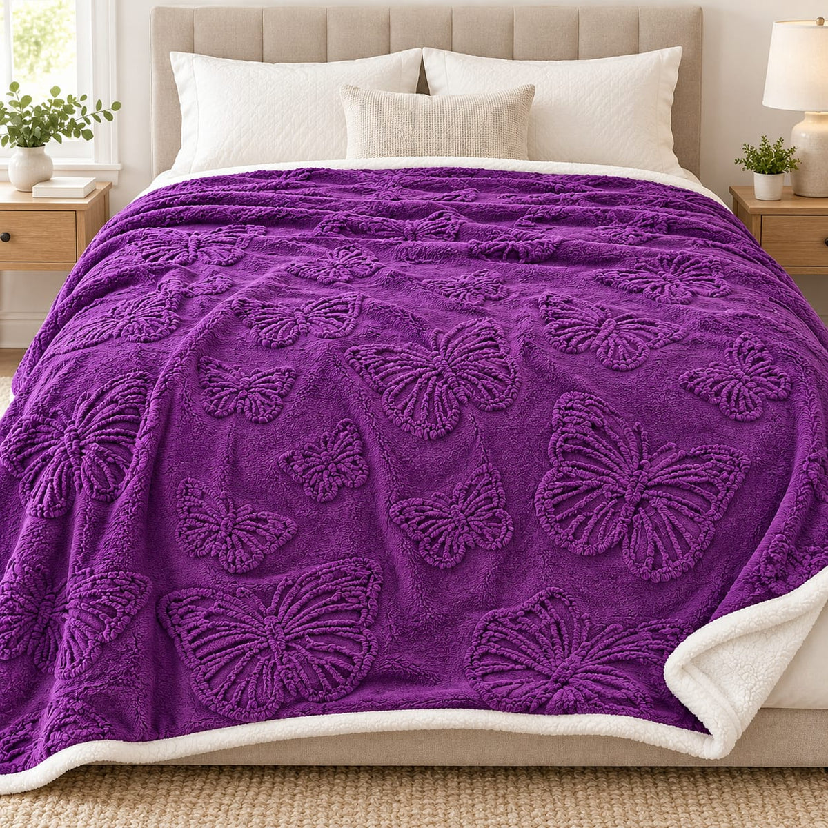 Patura pufoasa mov cu fluturi in relief, 200x230 cm, Valentine Home