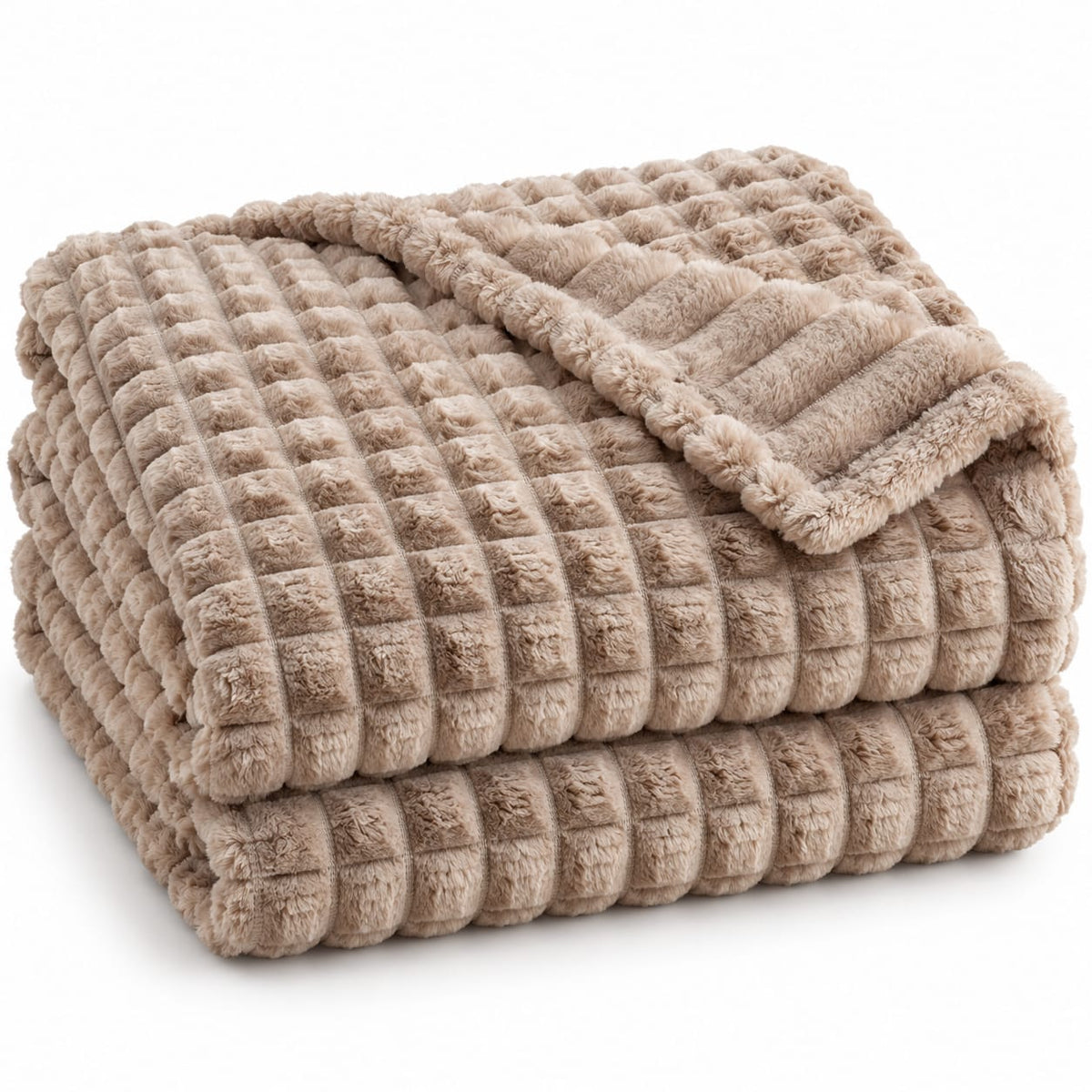 Patura pufoasa Alisa Home Collection, 200x230 cm, bej, model patrate in relief, 100% poliester