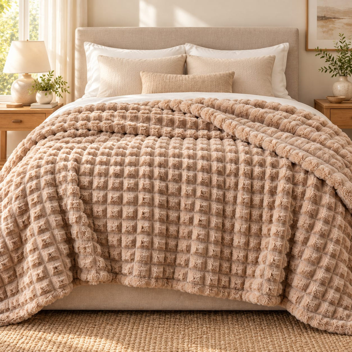 Patura pufoasa Alisa Home Collection, 200x230 cm, bej, model patrate in relief, 100% poliester