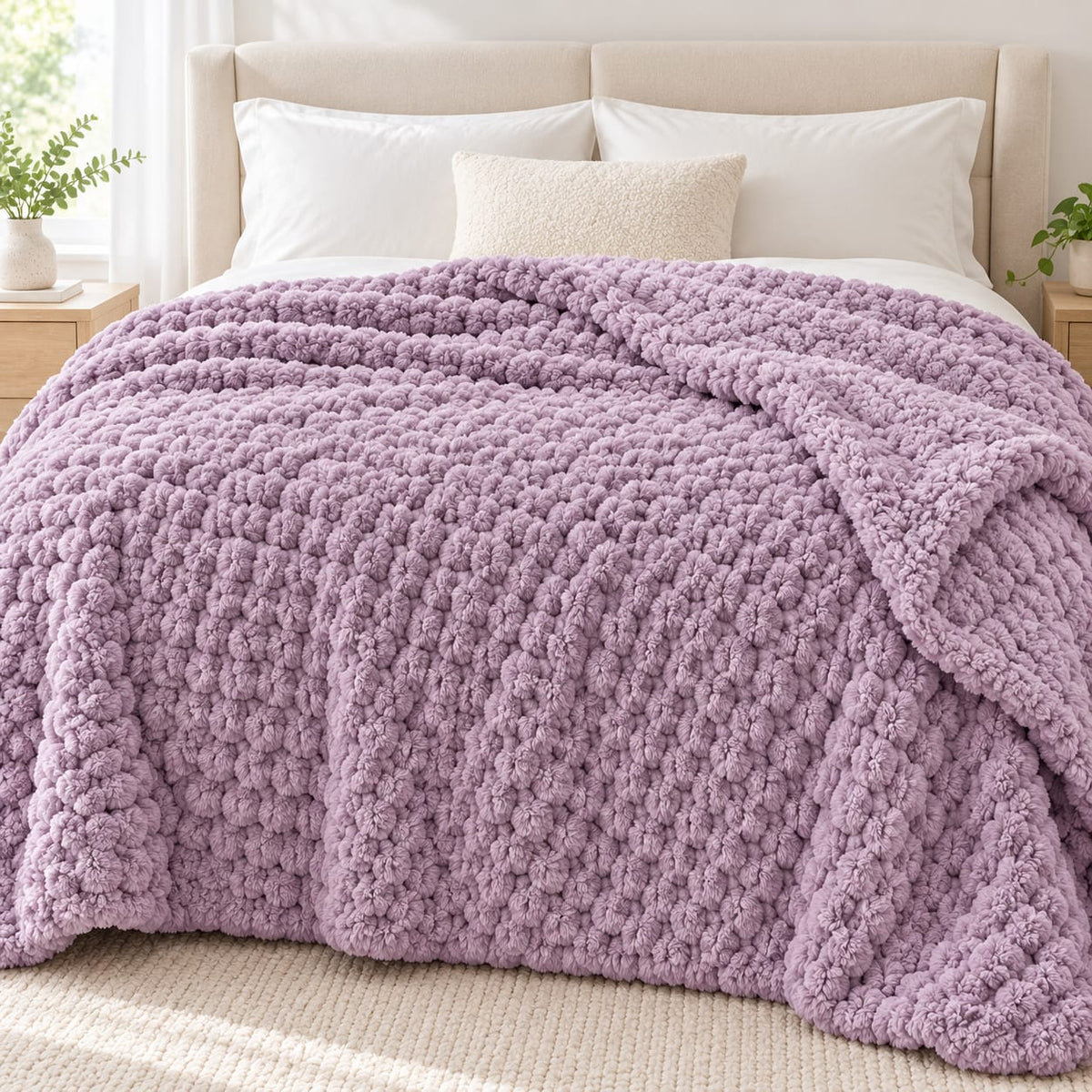 Patura pufoasa Sherpa Throw, 200x230 cm, mov lila, model texturat, 100% poliester