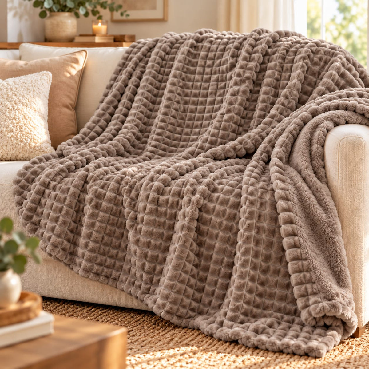 Patura pufoasa Alisa Home Collection, 200x230 cm, taupe, model patrate in relief, 100% poliester