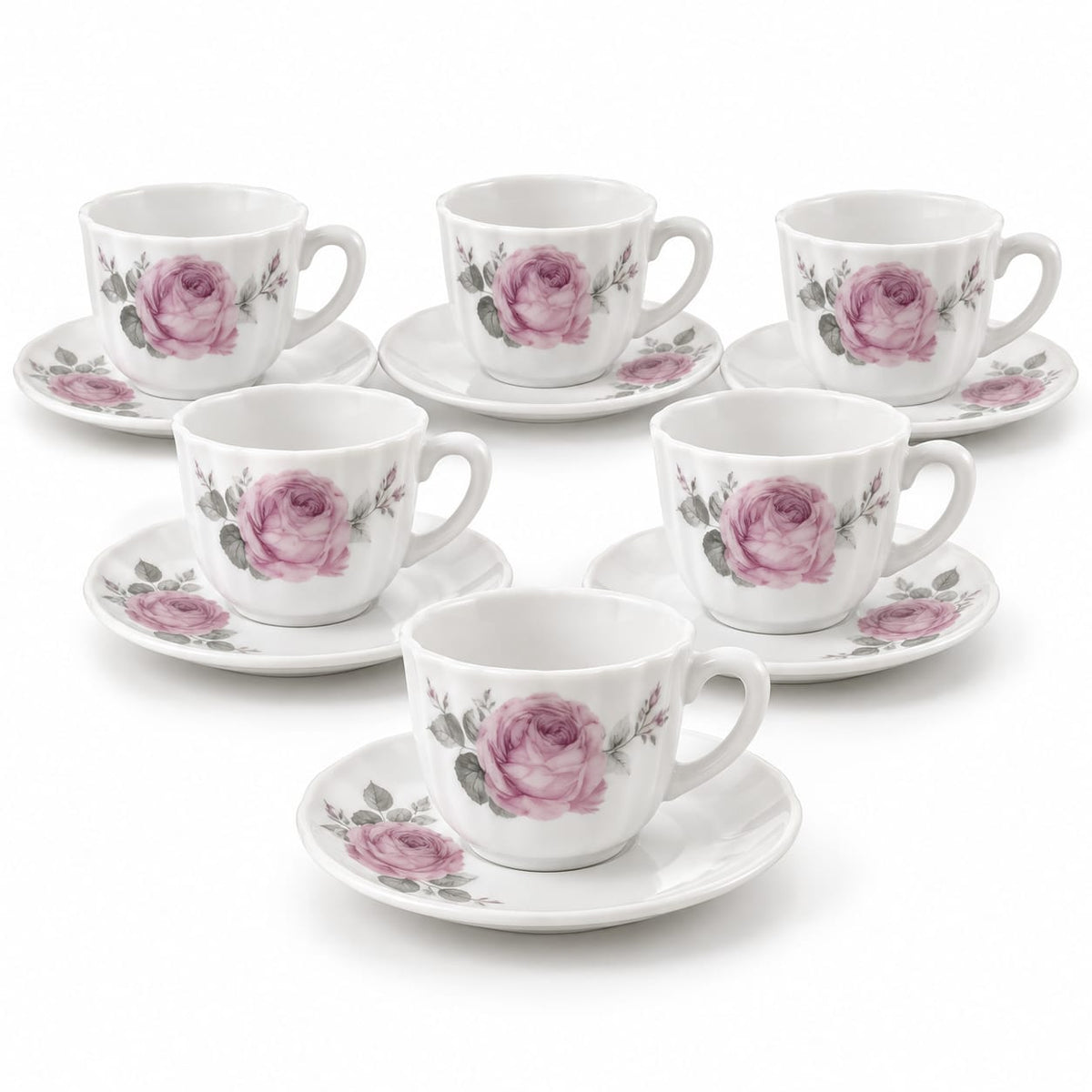 Set cafea opal 12 piese, cesti 190 ml cu farfurioare 14 cm, model trandafir roz, pentru 6 persoane