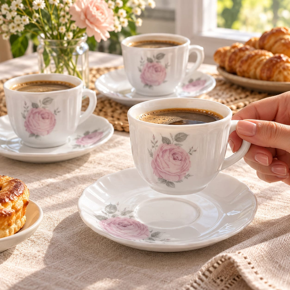Set cafea opal 12 piese, cesti 190 ml cu farfurioare 14 cm, model trandafir roz, pentru 6 persoane