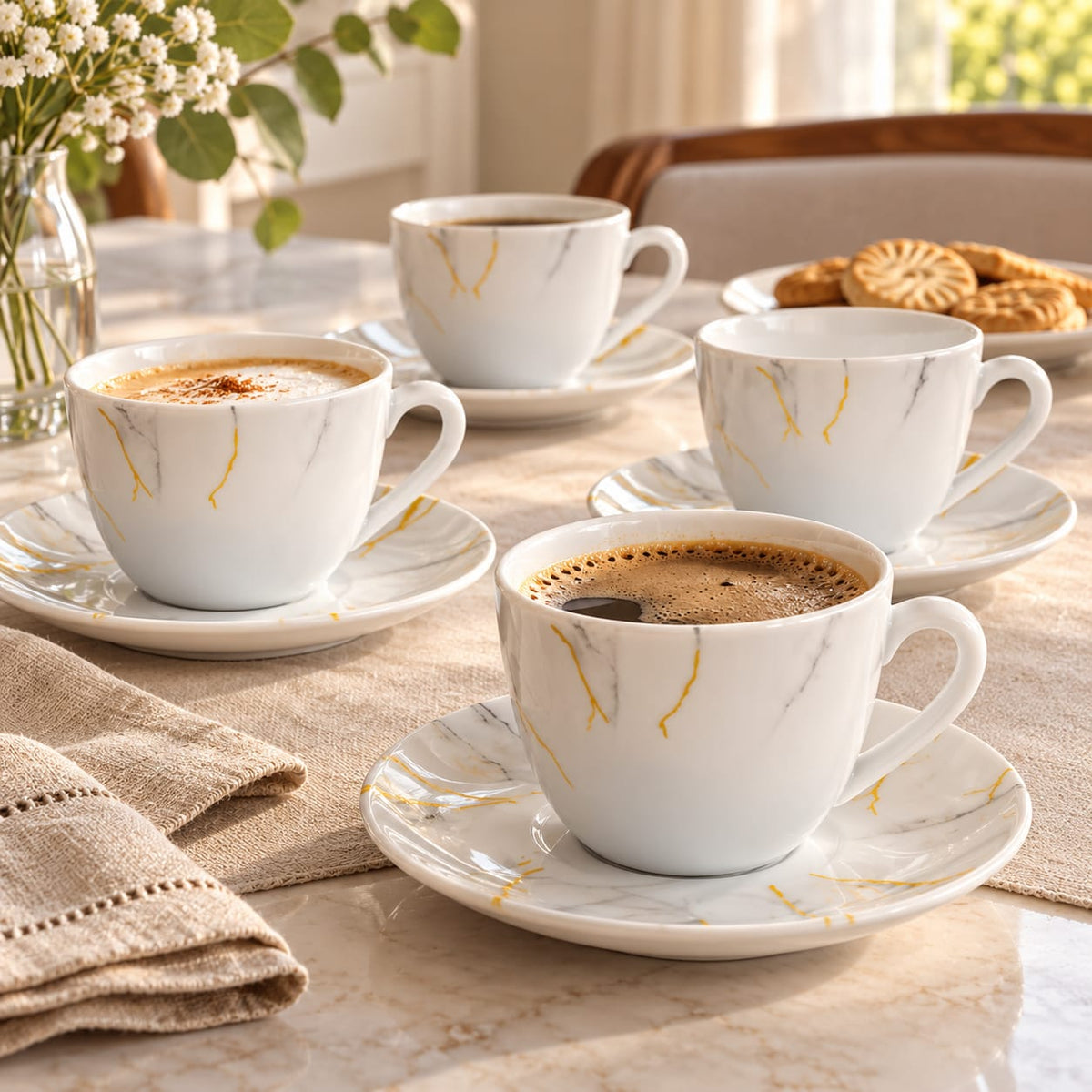 Set cafea opal 12 piese, cesti 190 ml cu farfurioare, model marmorat alb-auriu