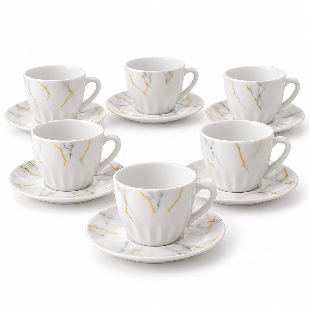Set cafea opal 12 piese, cesti 190 ml cu farfurioare, model marmorat alb-auriu
