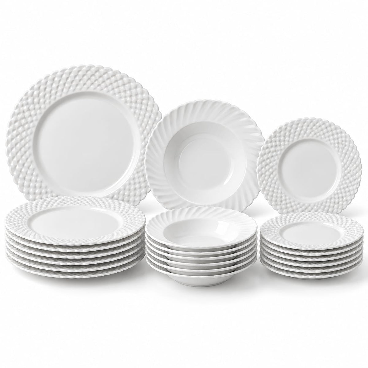 Set farfurii din opal alb, 18 piese pentru 6 persoane, model in relief