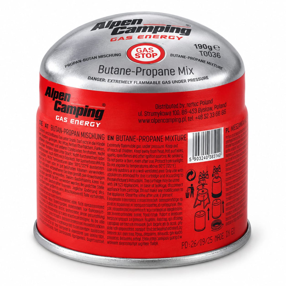 Cartus gaz camping Alpen Camping 190 g butane propane mix pentru arzator si primus