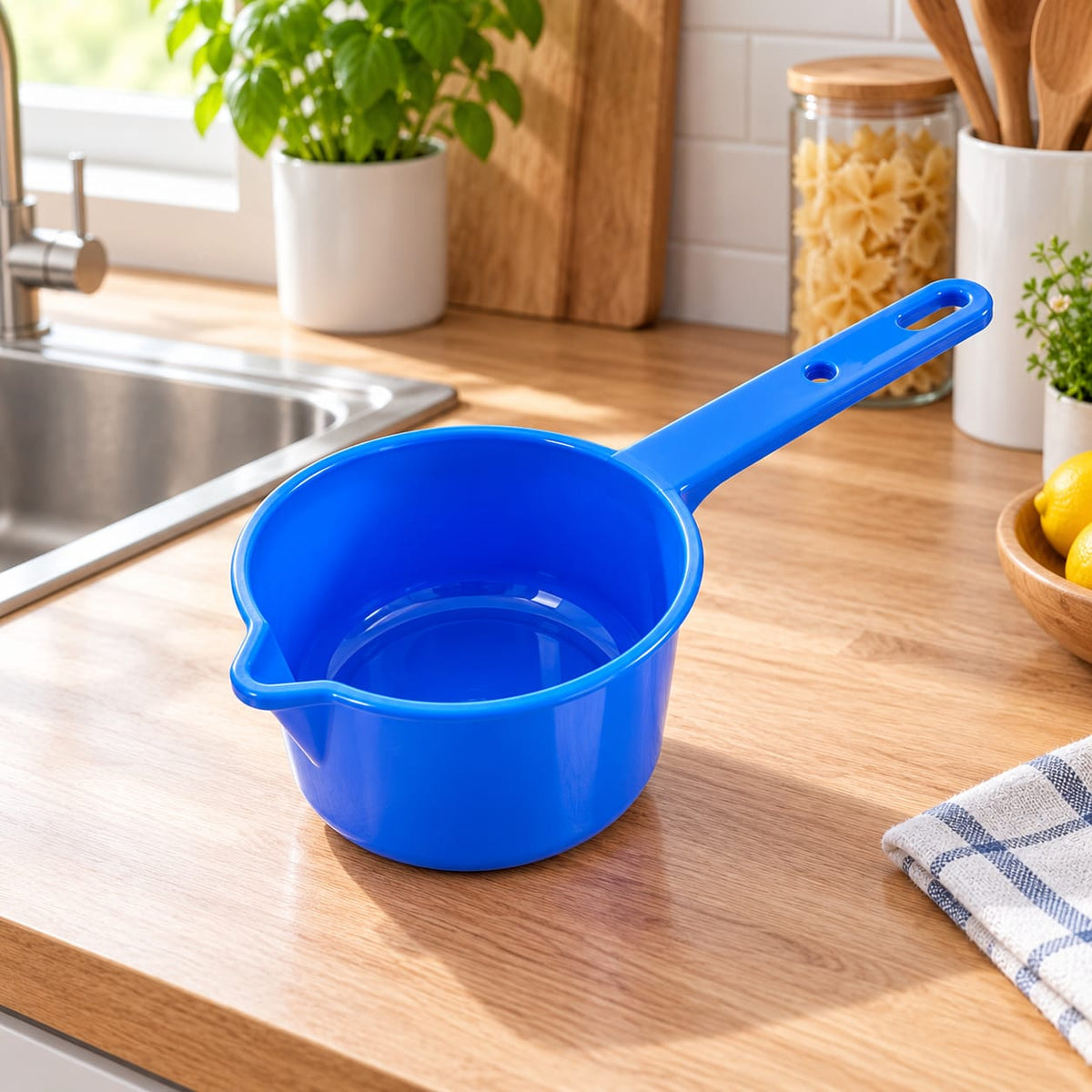 Cana cu maner si cioc 1.25 L din plastic, albastra, Sterk