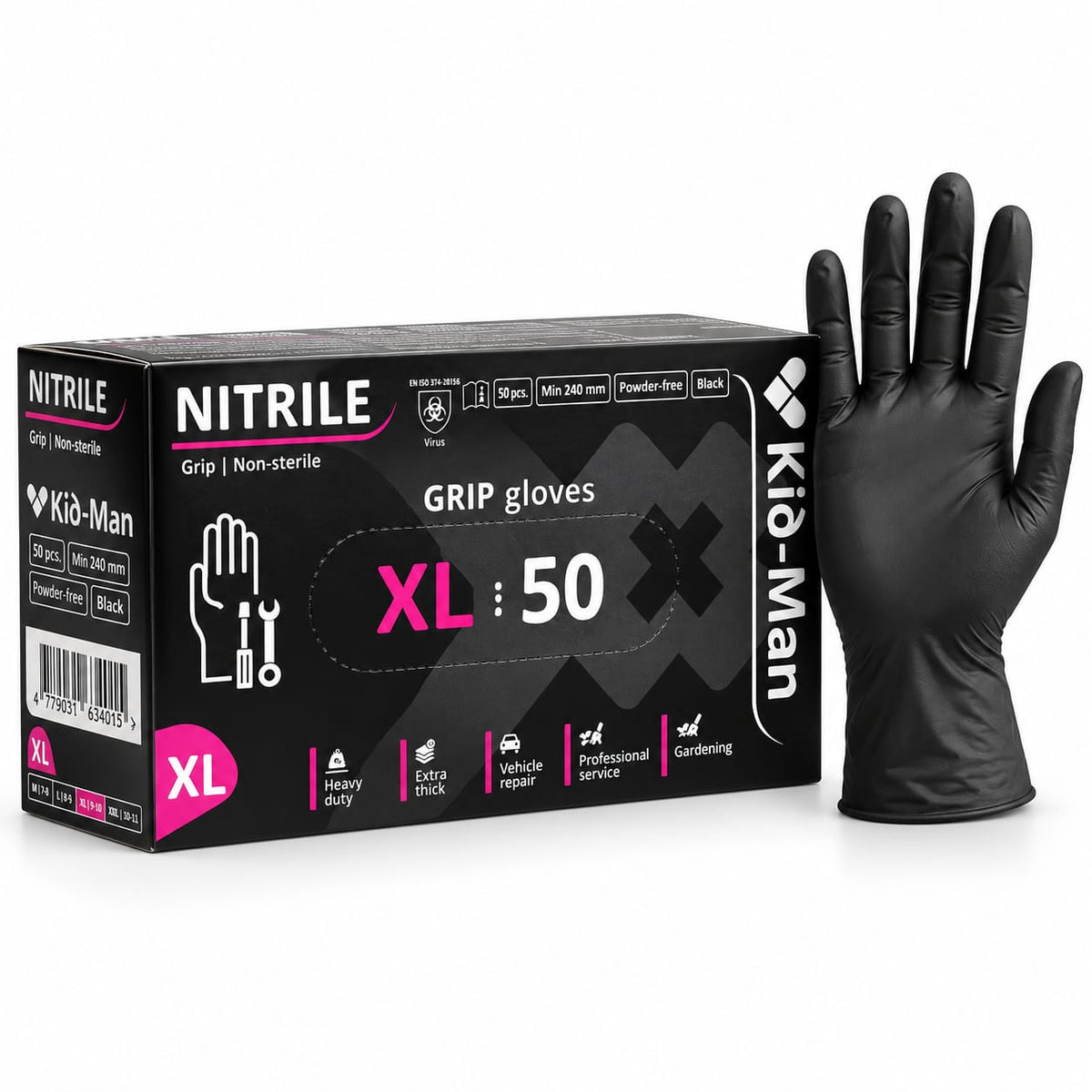Manusi nitril negre Kid-Man Grip XL, 50 bucati, fara pudra, extra groase