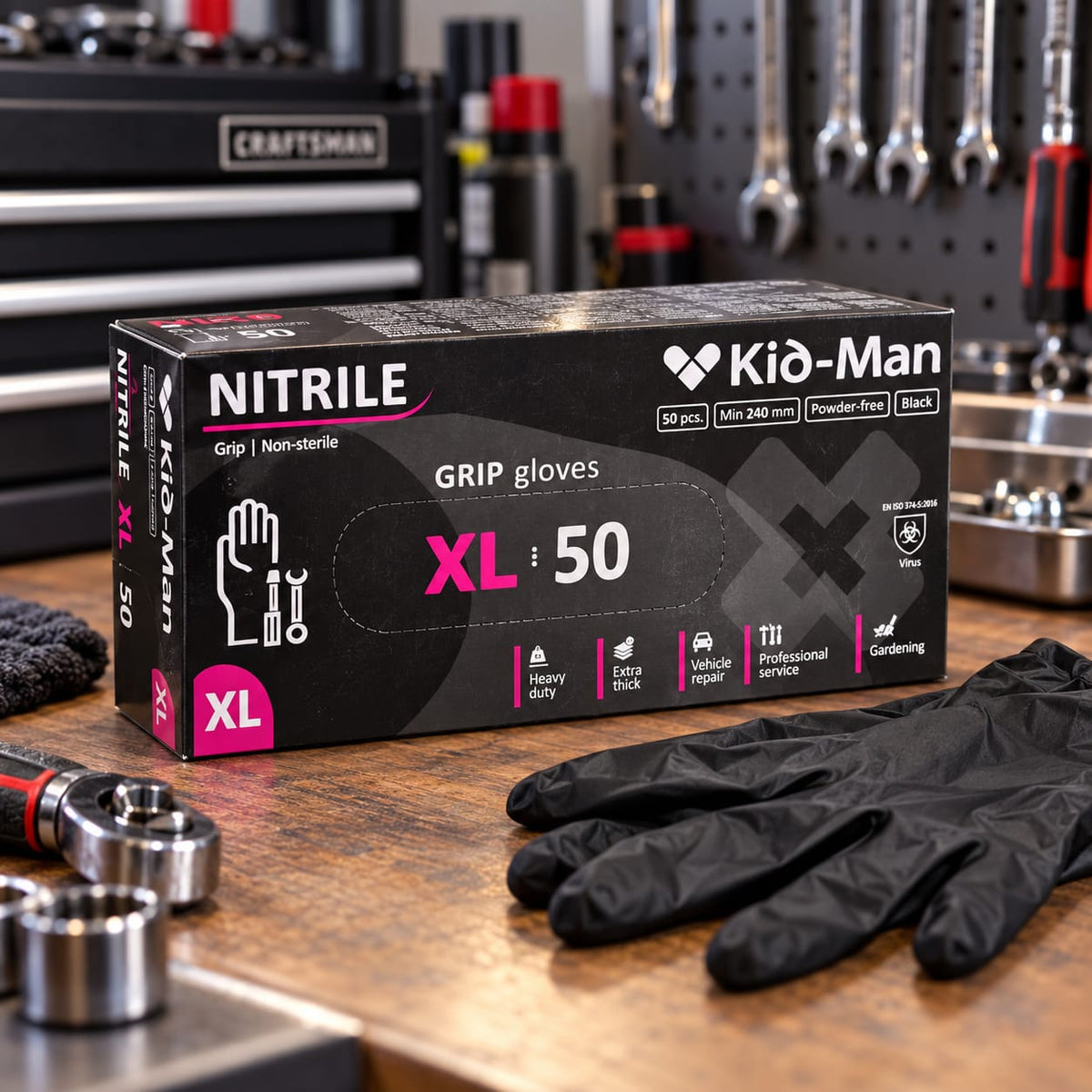 Manusi nitril negre Kid-Man Grip XL, 50 bucati, fara pudra, extra groase
