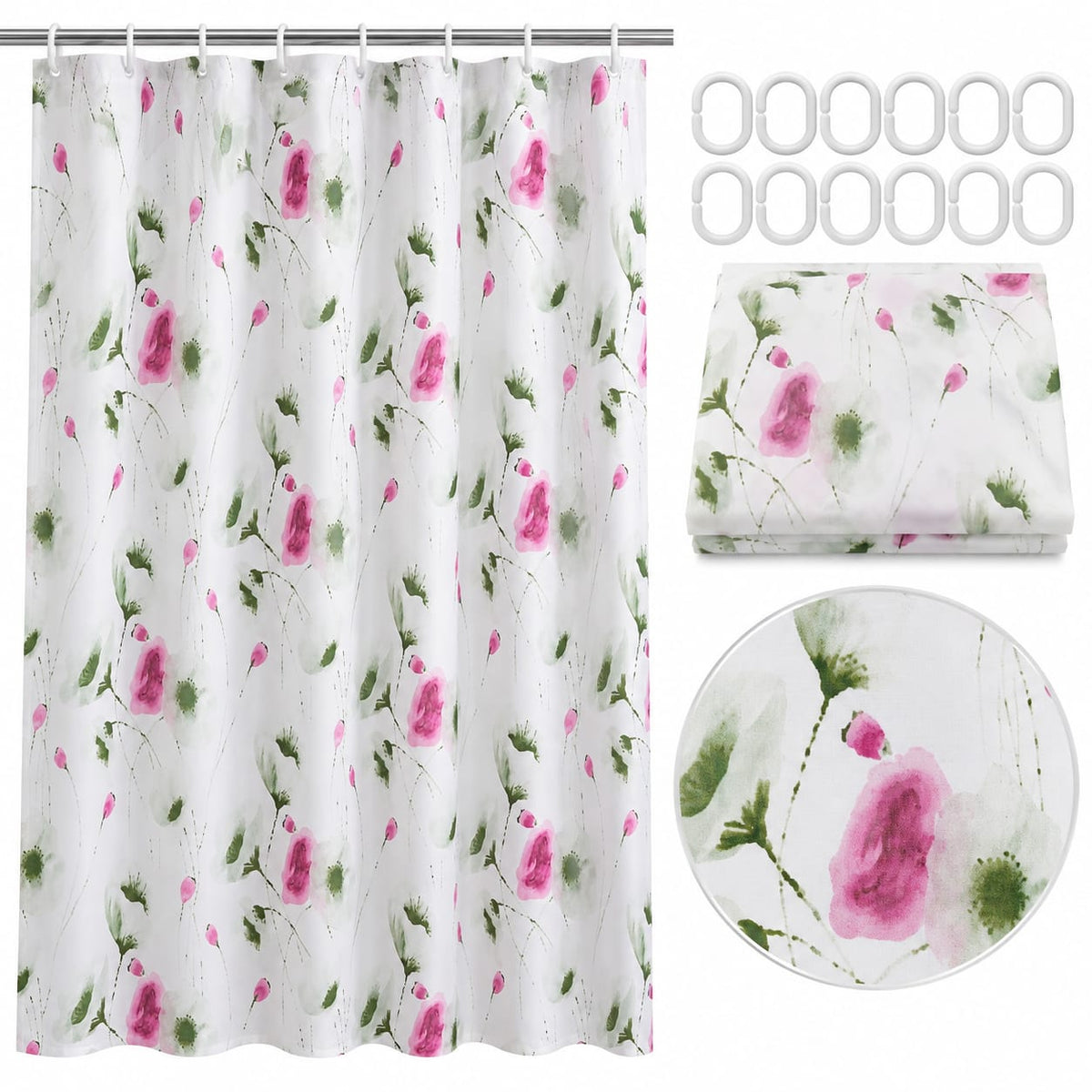 Perdea de dus Cyclops Rainy Day 180x180 cm, PEVA, model floral, cu 12 inele