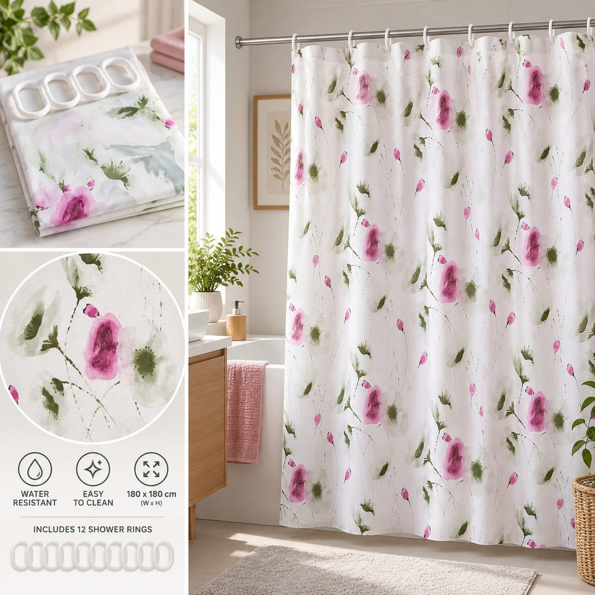 Perdea de dus Cyclops Rainy Day 180x180 cm, PEVA, model floral, cu 12 inele