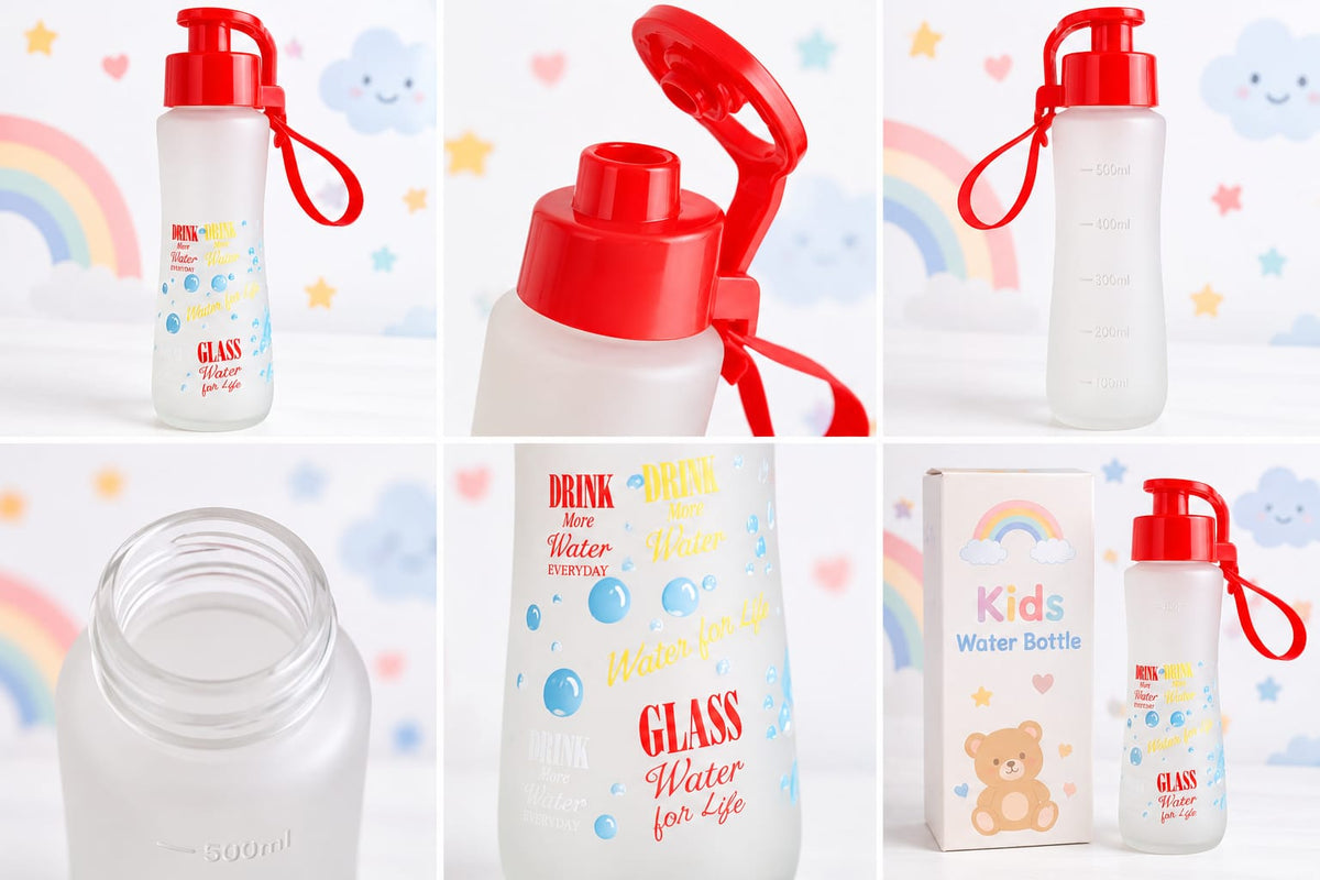 Sticla de apa pentru copii 250 ml, cu capac flip si curelusa, model colorat