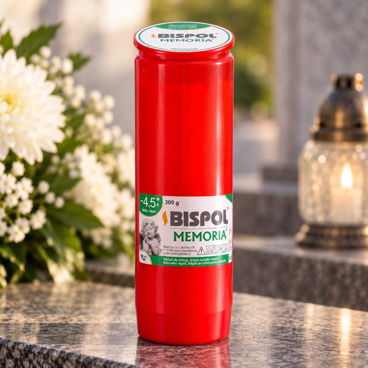 Lumanare cimitir Bispol Memoria 300 g, rosie, timp ardere aproximativ 4.5 zile
